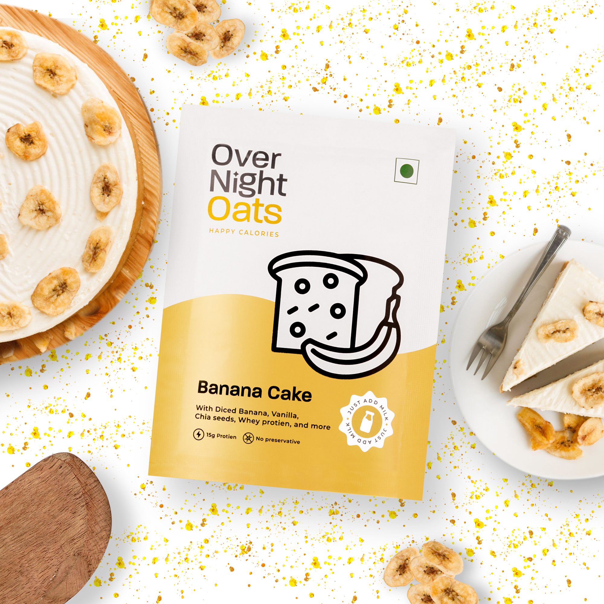 Overnight Oats High Protein, Refined Sugar Free, Diced Banana, Chia Seeds, Whey Protein & More (Banana Cake, 15grams Protein, Pack of 5)