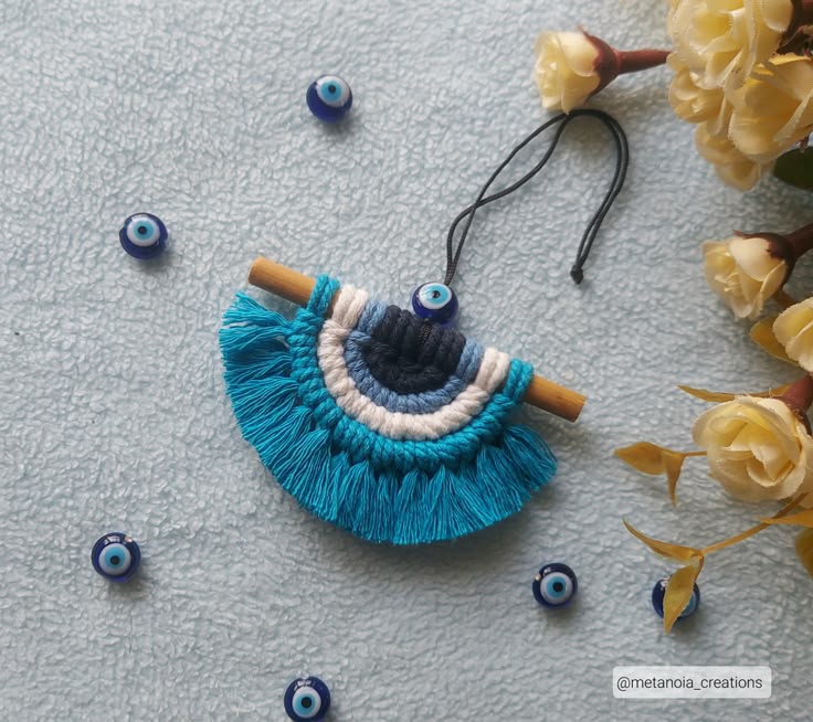 Macrame Evil Eye Wall Charm – Handmade, Boho Protection Decor with Wooden Rod