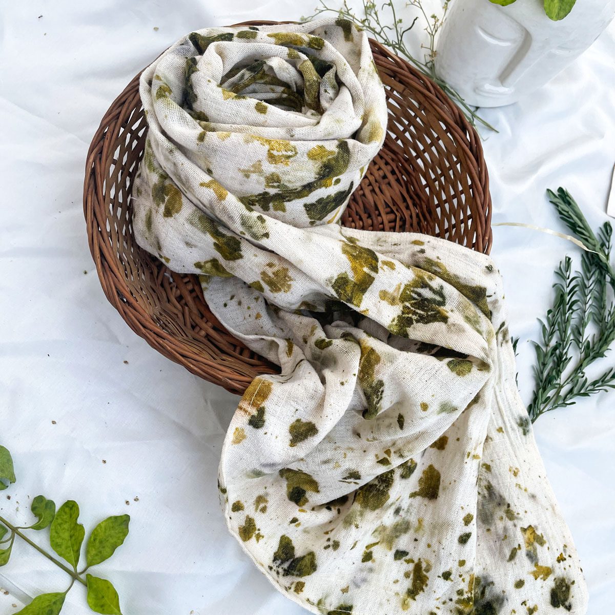 Eco-printed Kala Cotton Stole - Off white with green - Image 2