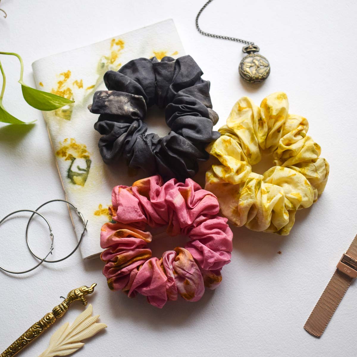 Eco-printed Silk Scrunchies - Set of 3 (Pink, Yellow & Grey)
