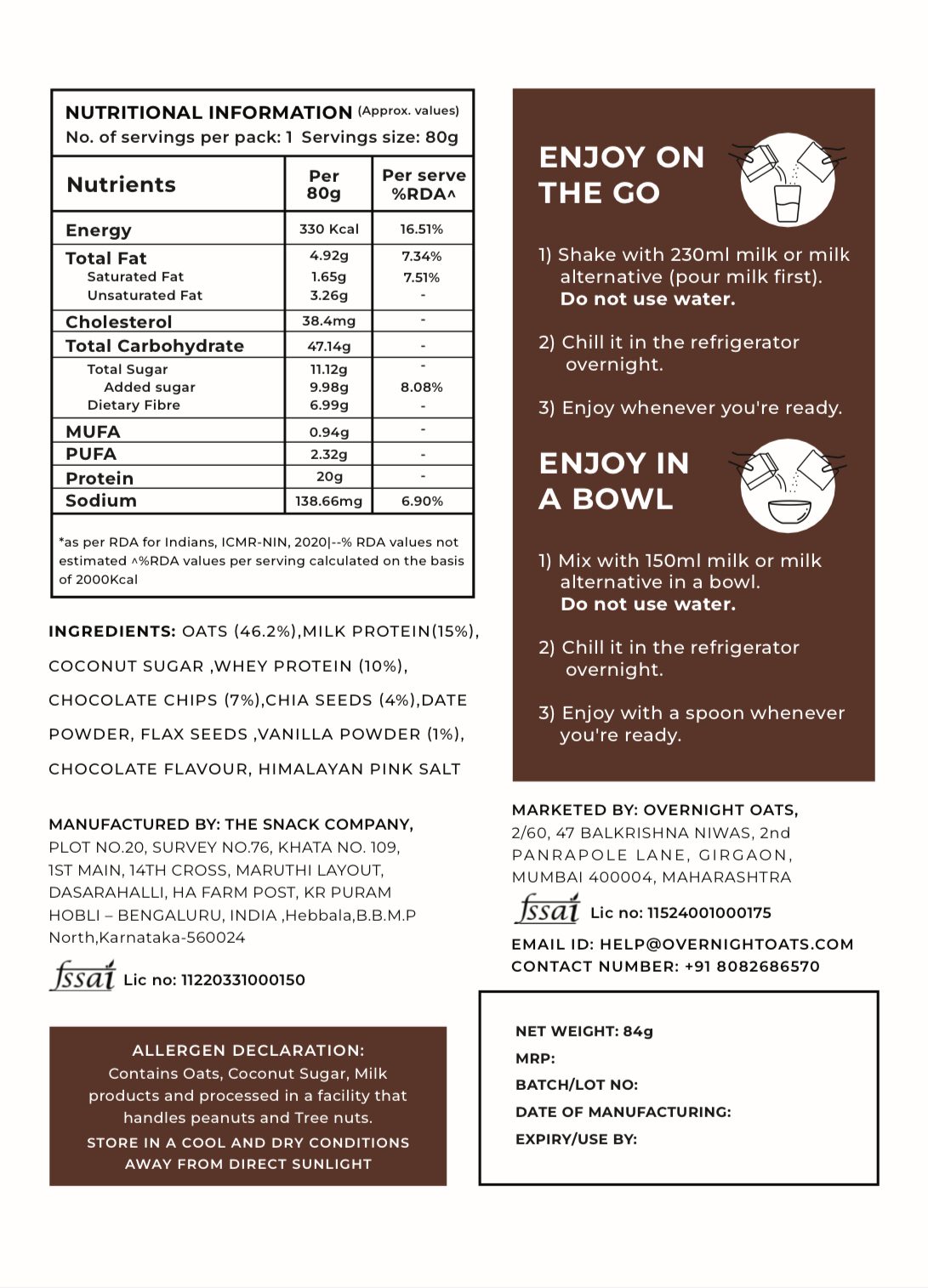 Overnight Oats 20gm High Protein, Refined Sugar Free, With Choco Chip, Chia Seeds, Whey Protein & more (Chocolate Chip, 85gm each)| Breakfast Cereals for Weight Management| Pack of 5 - Image 4