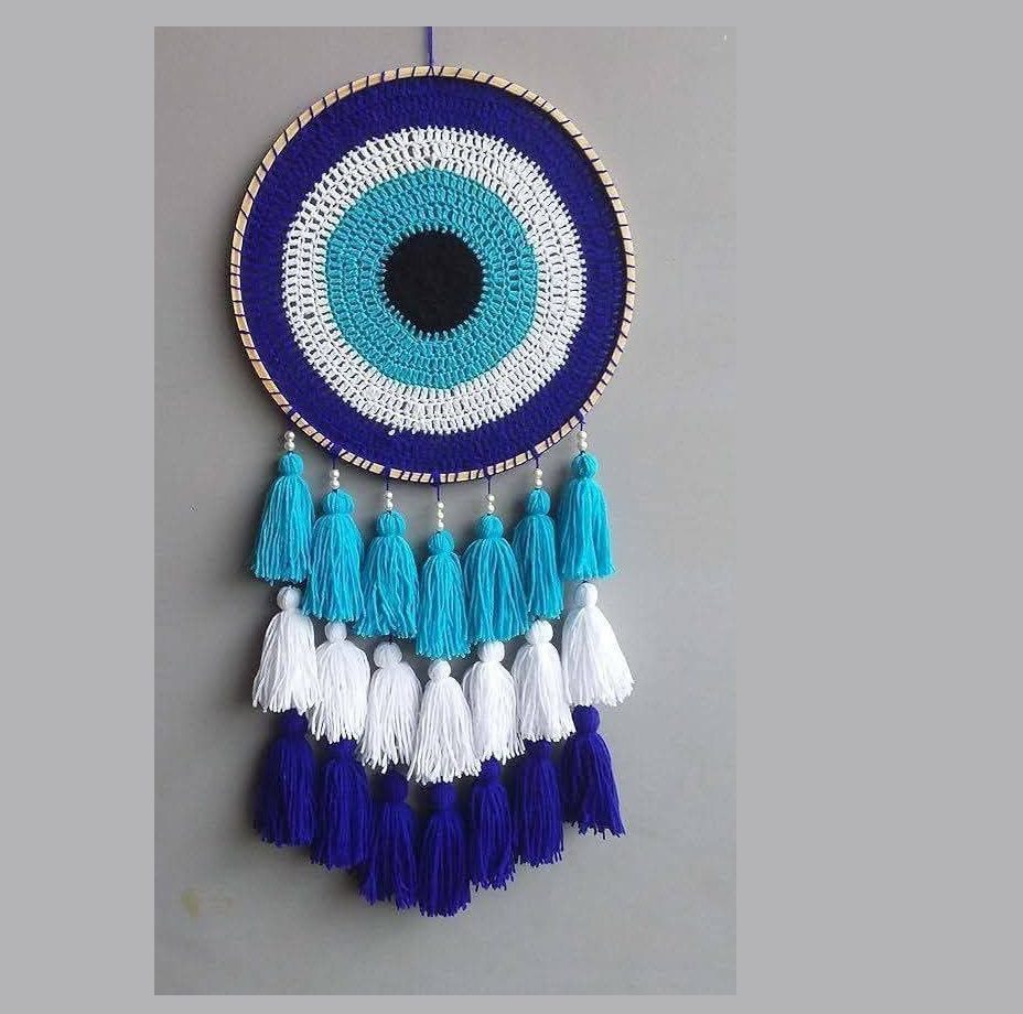 Crochet Evil Eye Wall Hanging – Handmade Boho Decor with Layers of Tassels & Protection Vibes