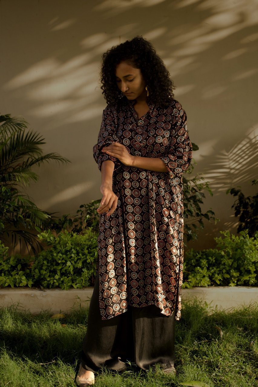 Ramin - Black Handblock Unisex Silk Kurta