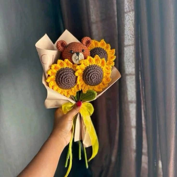 Crochet Teddy & Sunflower Bouquet – Handmade Gift with 3 Sunflowers
