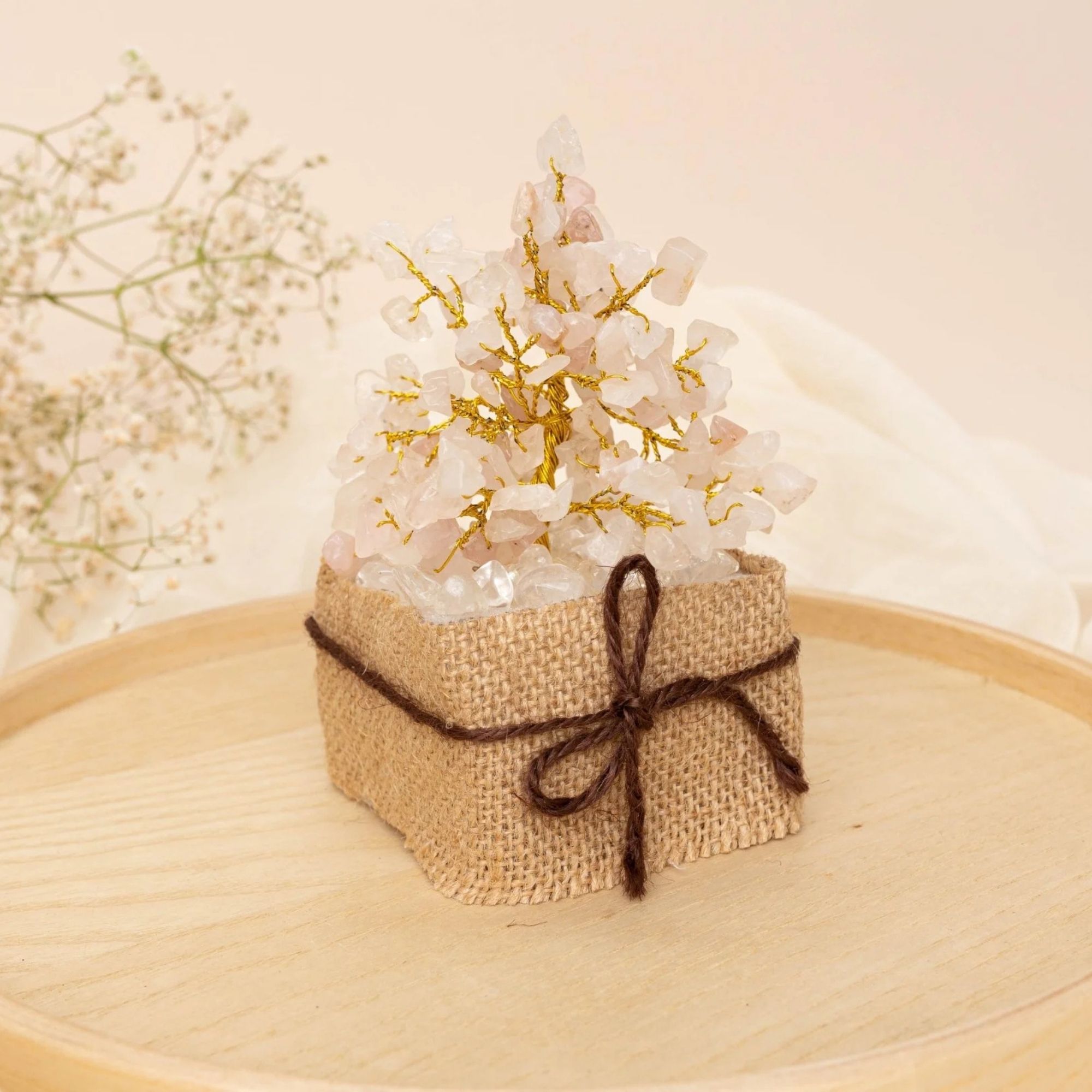 Rose quartz Crystal Tree with Jute Base 150 beads