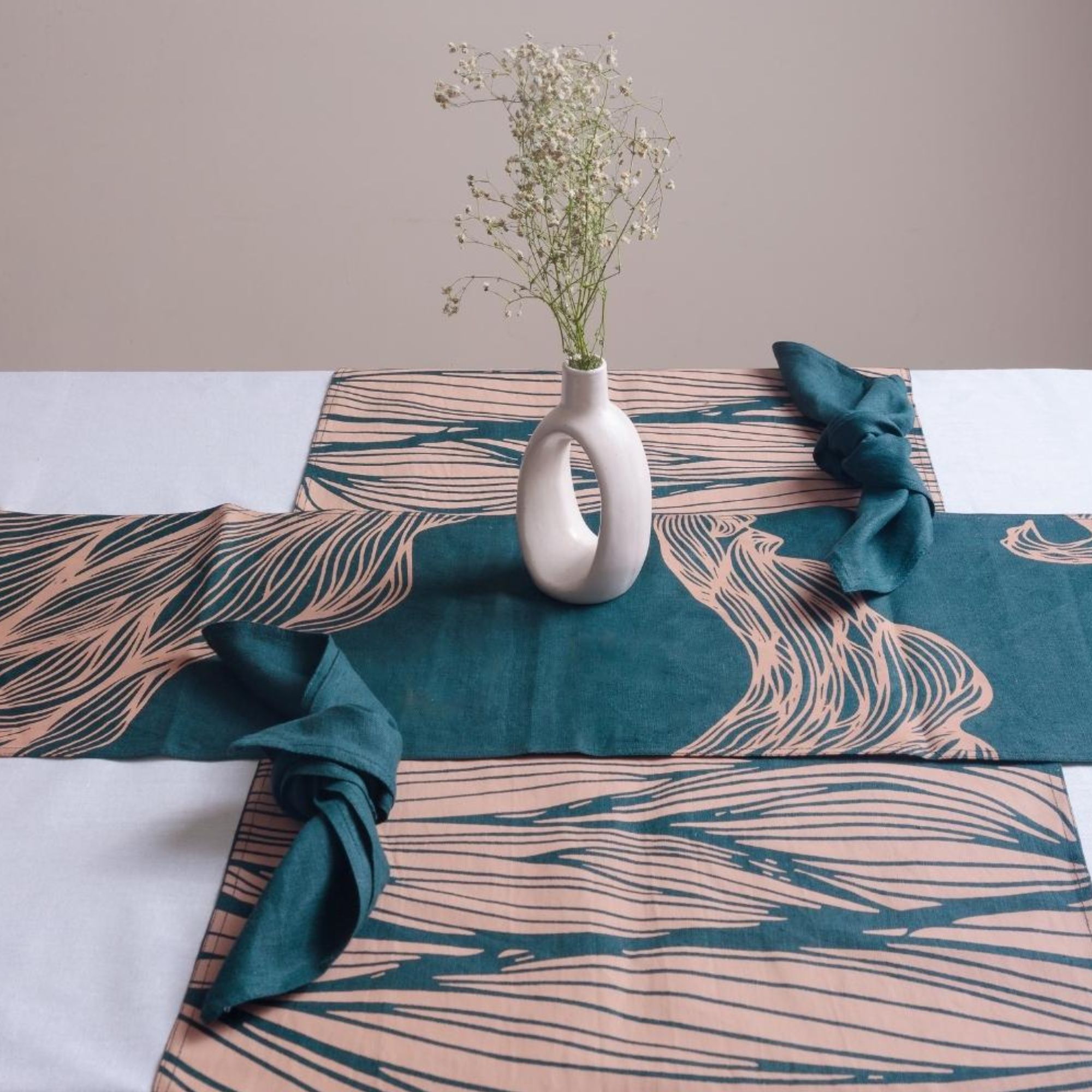 Iraja Table Linen Set | Handprinted on 100% Hemp | Runner, Placemats and Napkin set