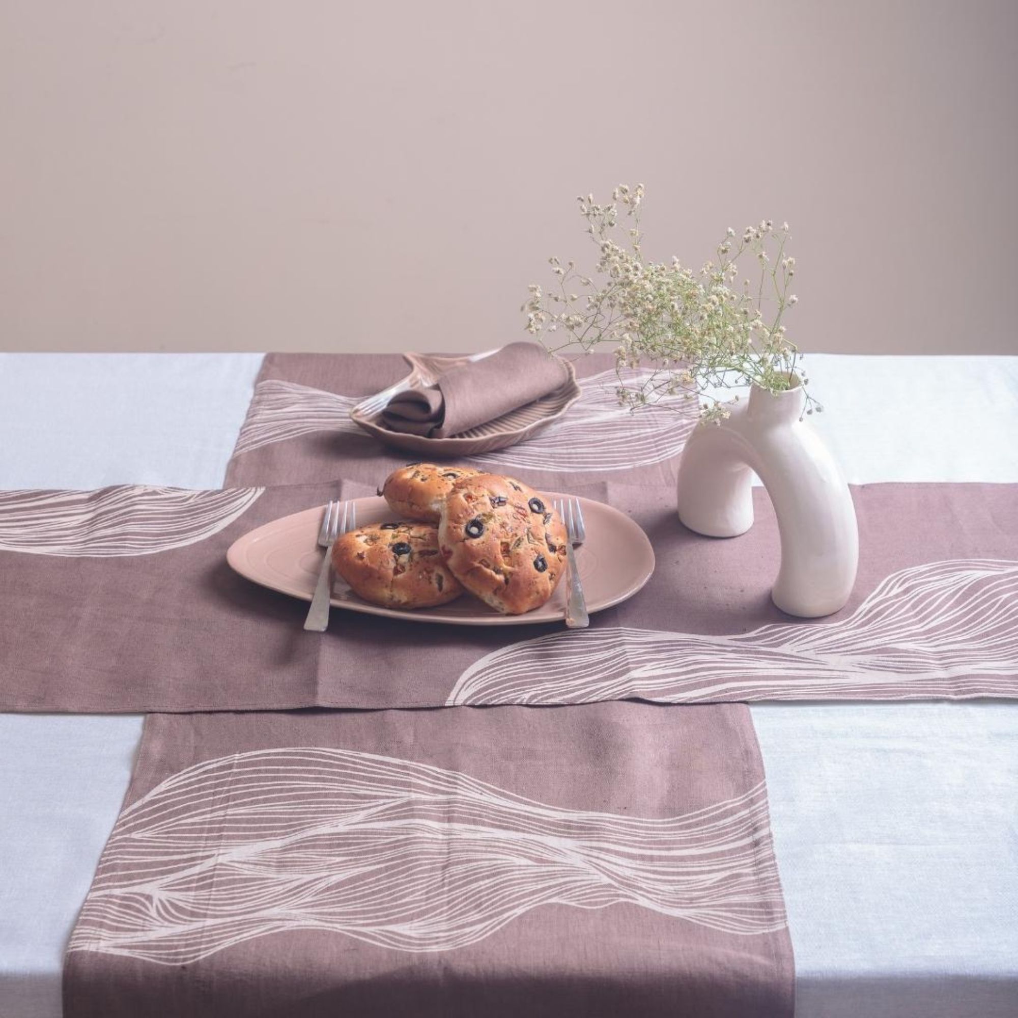 Eni Table Linen Set | Handprinted on 100% Hemp | Runner, Placemats and Napkin set