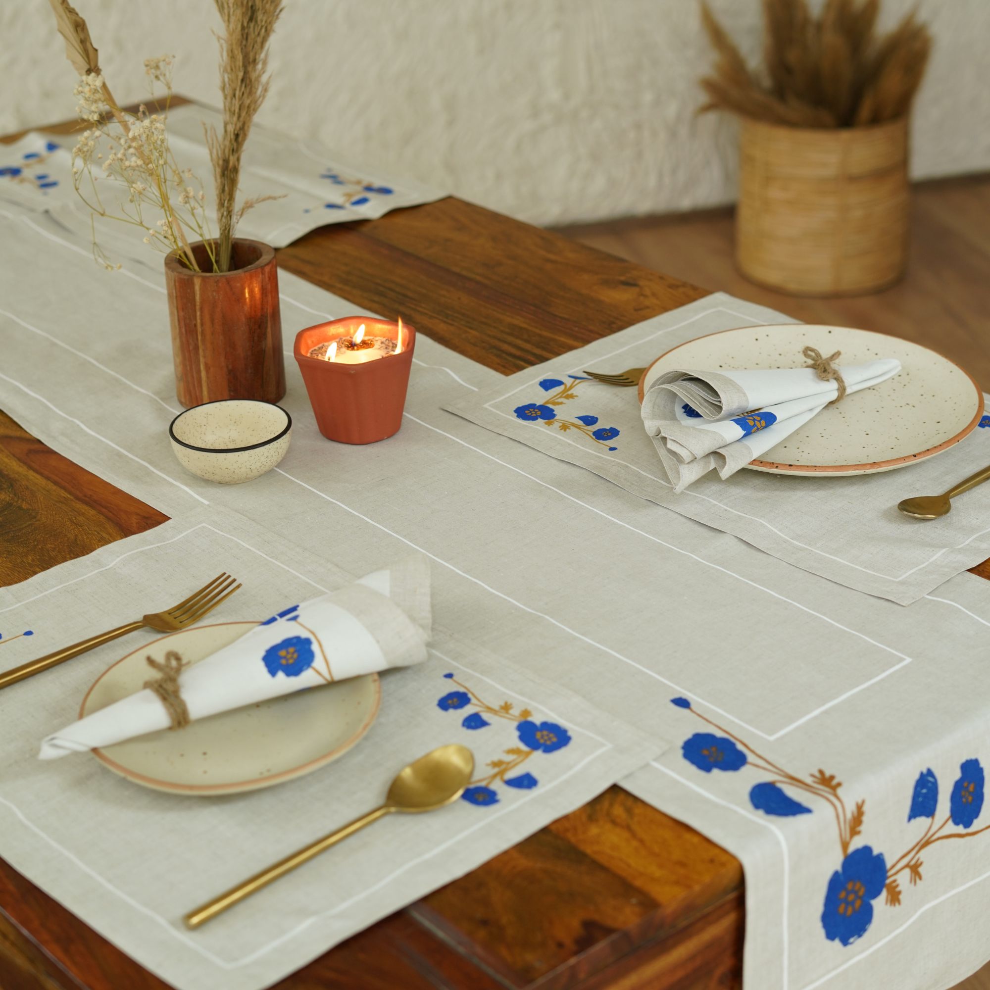 Aaral Table Linen Set | Handprinted on 100% Hemp | Runner, Placemats and Napkin set