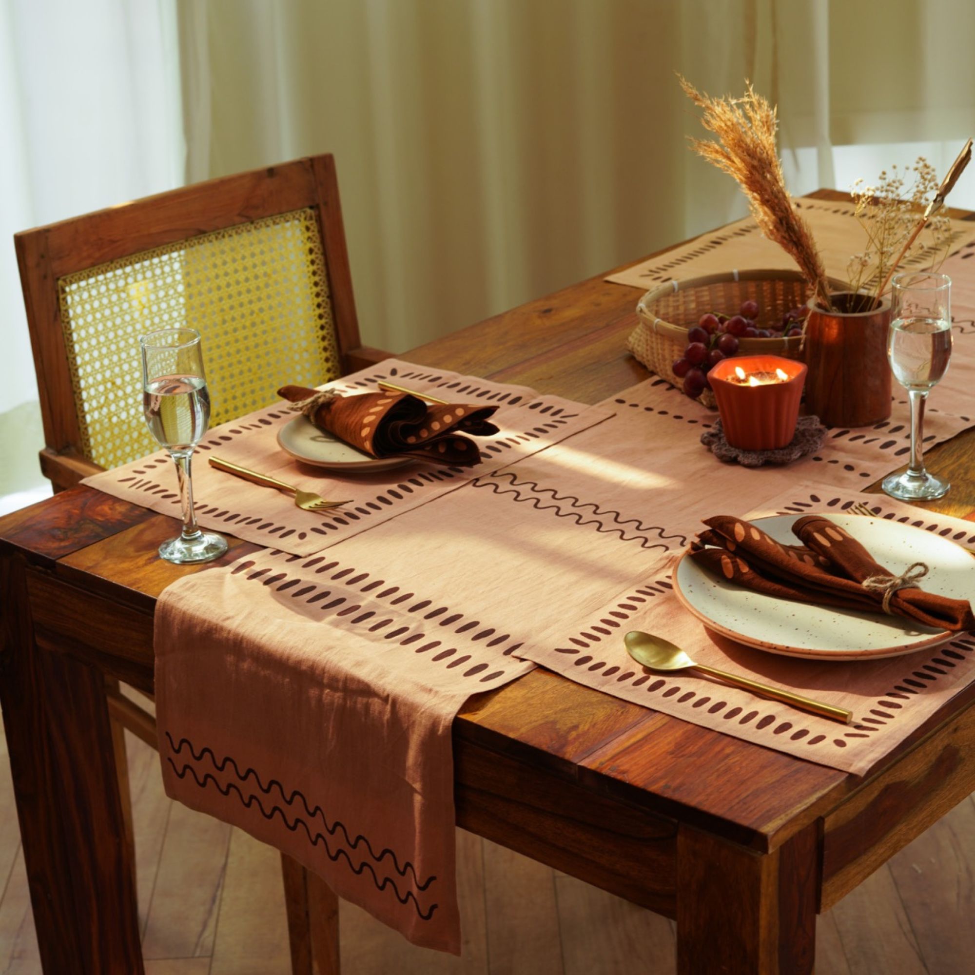 Nantara Table Linen Set | Handprinted on 100% Hemp | Runner, Placemats, and Napkin set