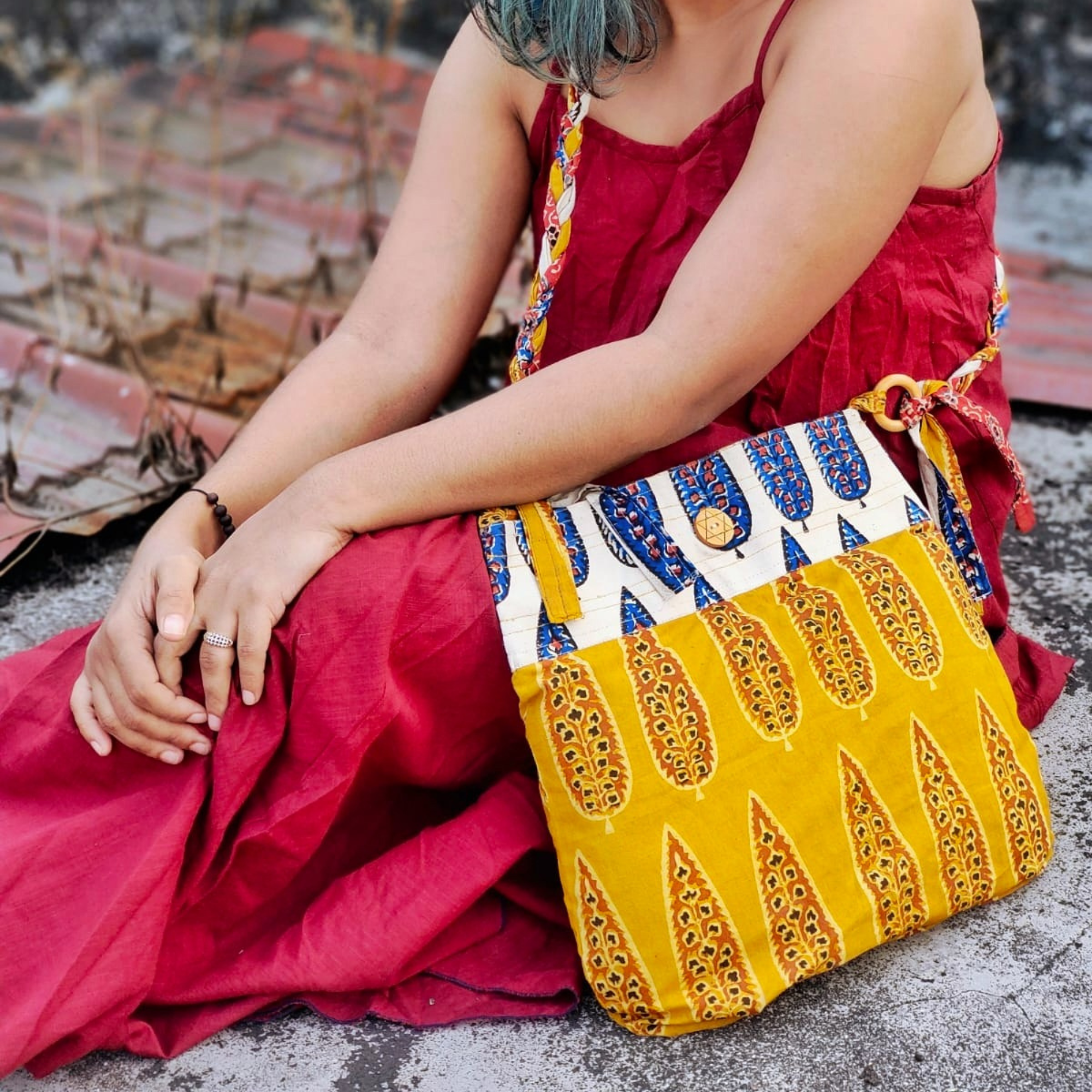 Yellow & Off-White Hand Block Printed Organic Cotton Sling Bag – Braided Strap