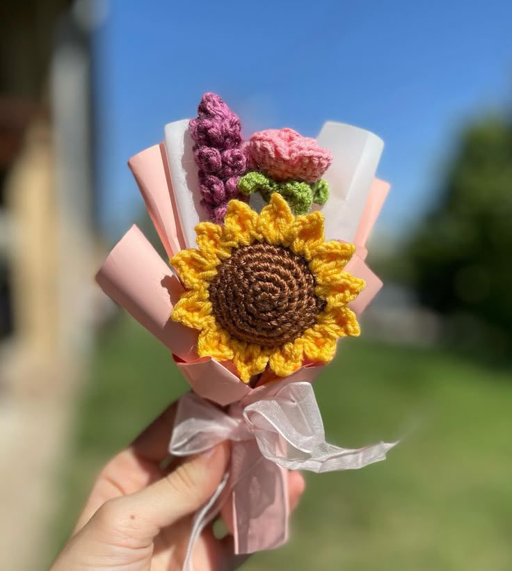 Mini Crochet Flower Bouquet – Sunflower, Rose & Lavender