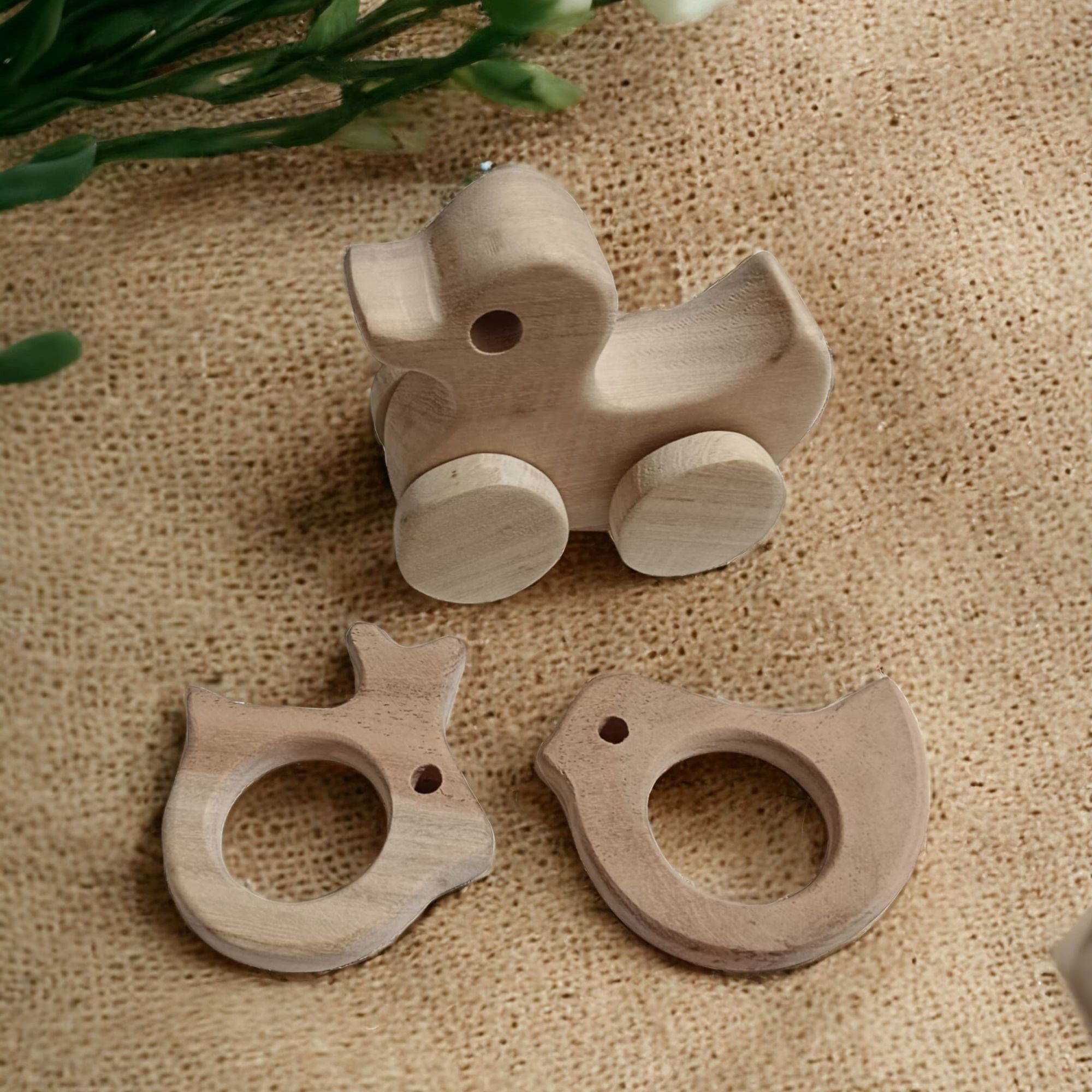 100% Natural Neem Wooden Teethers & Wheel Toy - Bunny, Dove & Duck Shapes - Image 2