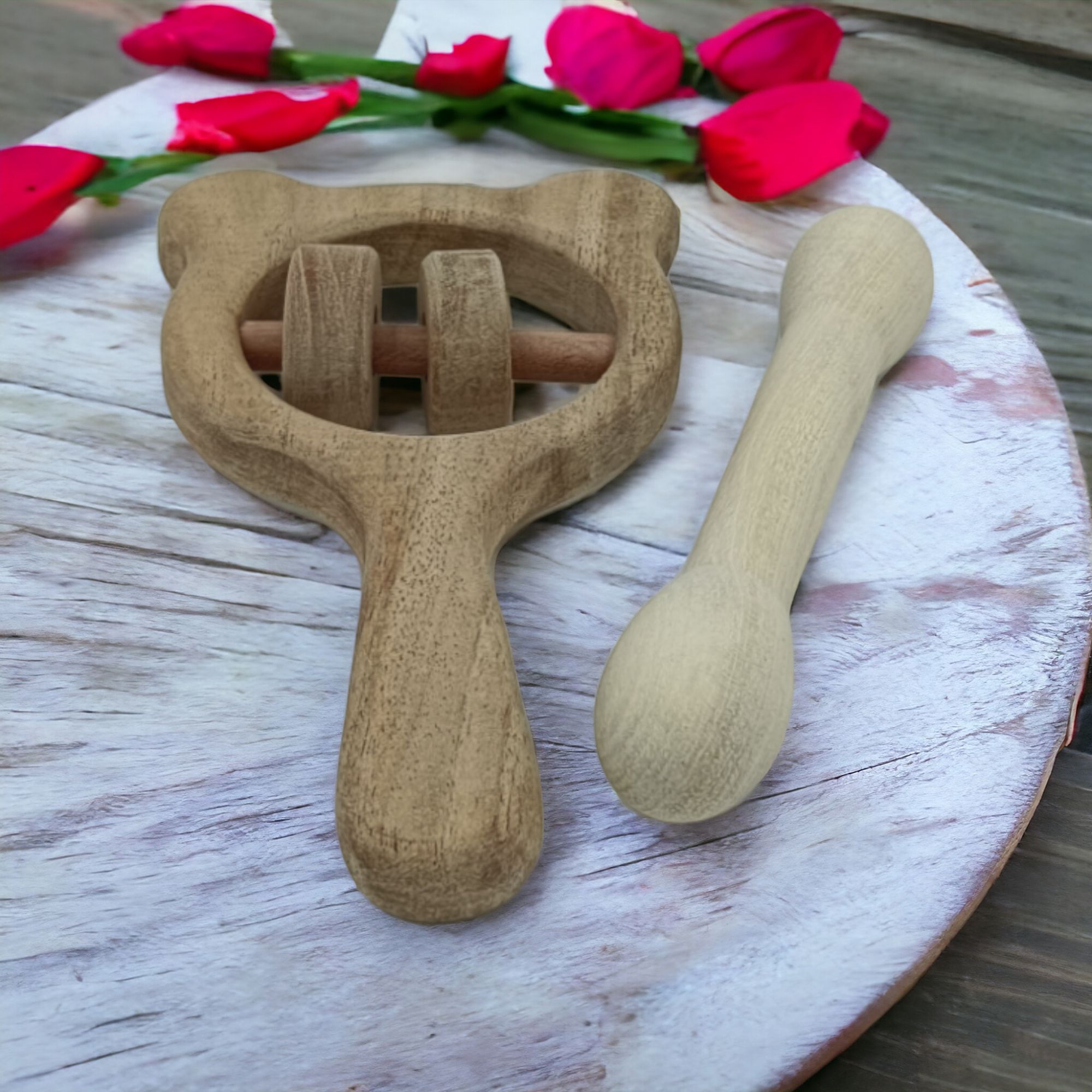 Neem Wooden Rattle & Teether of Shapes - Mickey Head & Dumb Bell