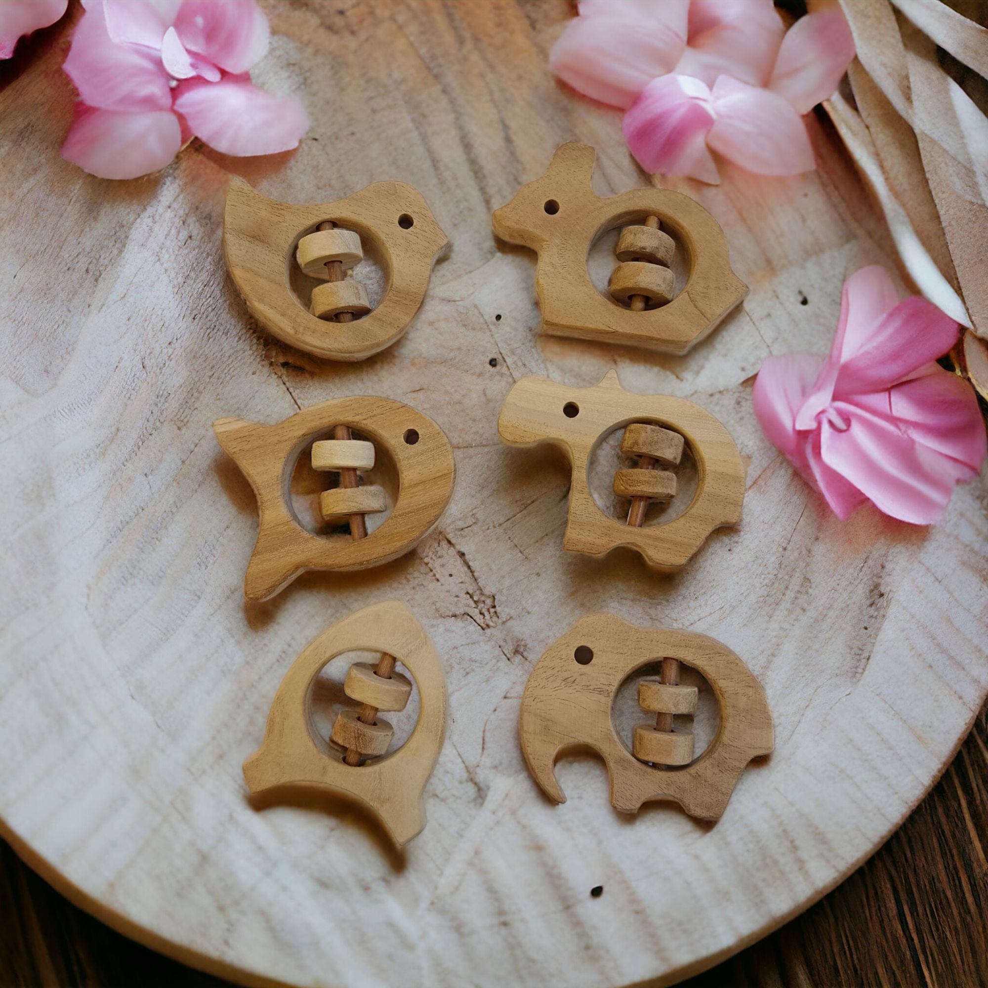 Pack of 6 Neem Wooden Rattles| Sound Making Toys For Toddlers