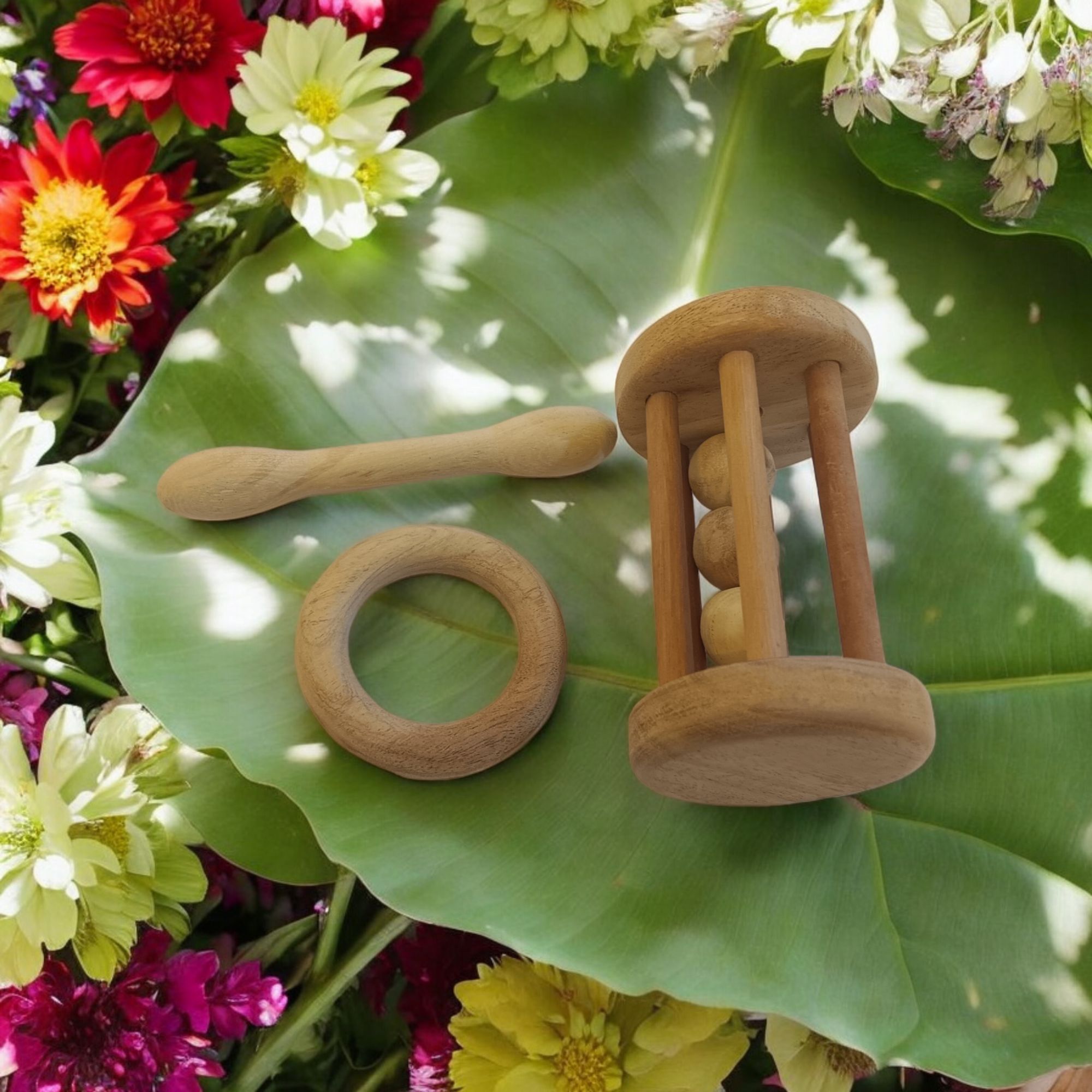 Combo of Neem Wooden Tumbler Rattle & Teethers of Shapes - Dumbbell & Ring