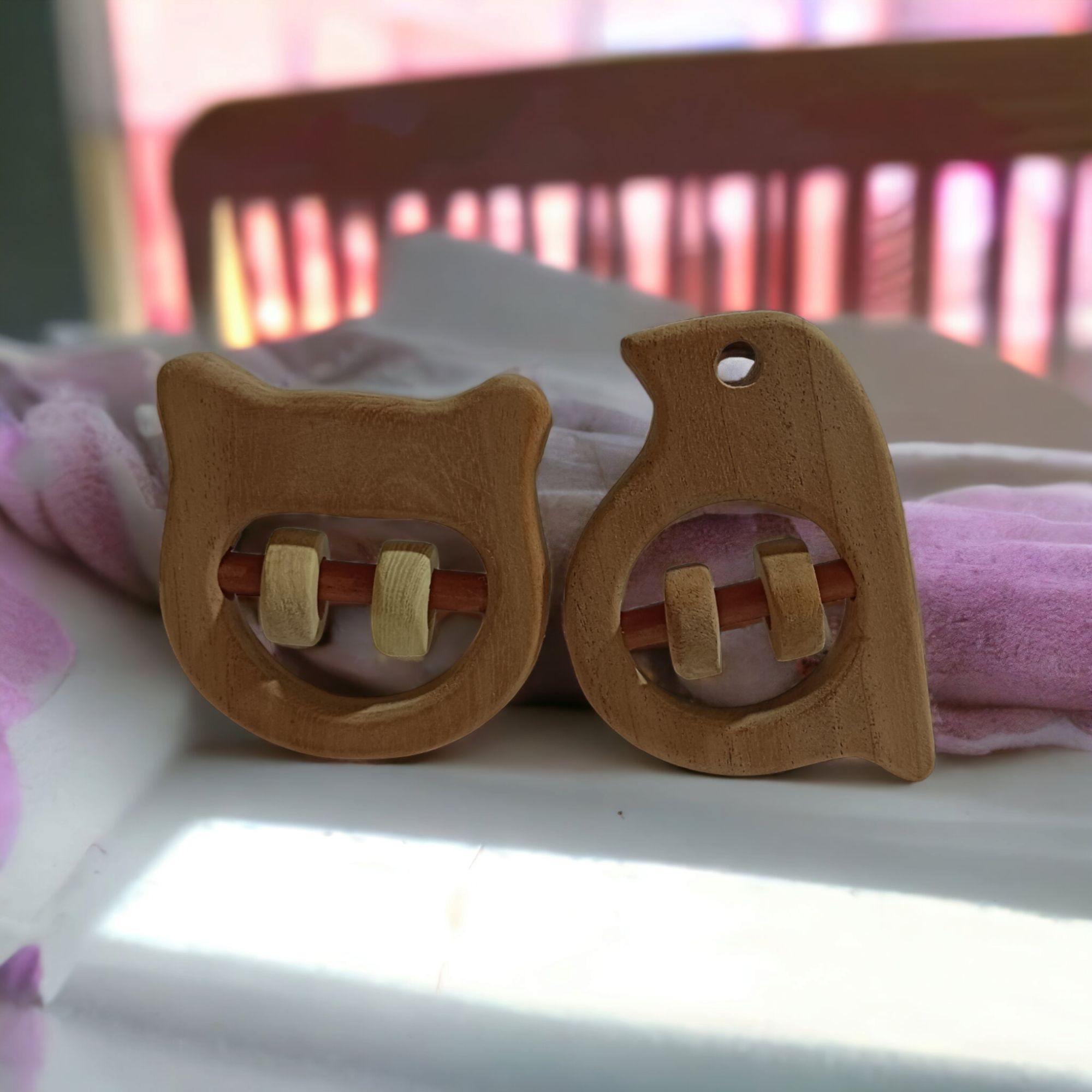 Nice Sound Making Neem Wooden Rattles for Toddlers- Hippo Head & Sparrow Shapes