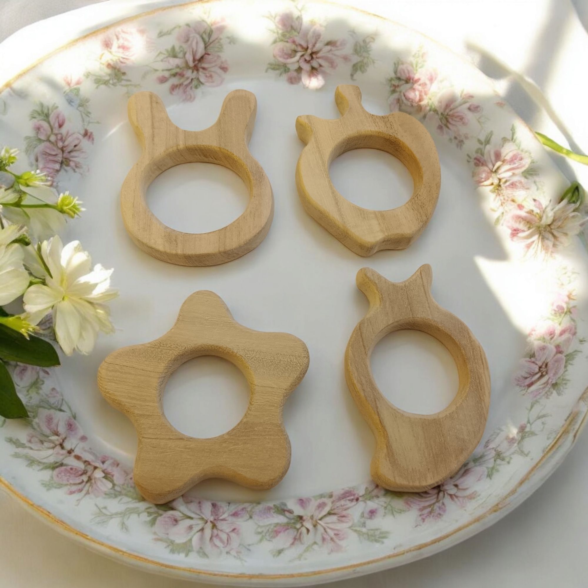 100% Pure Neem Wooden Teethers For Babies Of Age 0 To 3 Years | Apple, Mango, Flower & Bunny Shapes