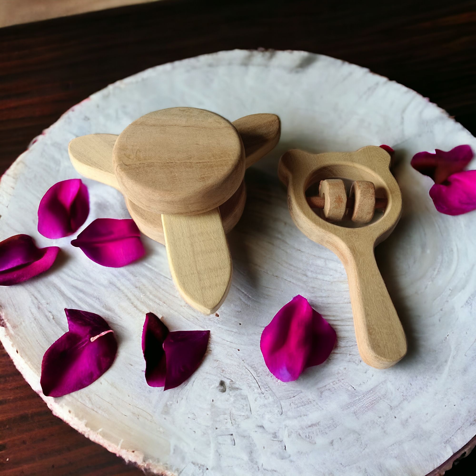 Sensory Developing Neem Wooden Flower Tumbler & Mickey Head Rattle - For 0-3 Year Babies