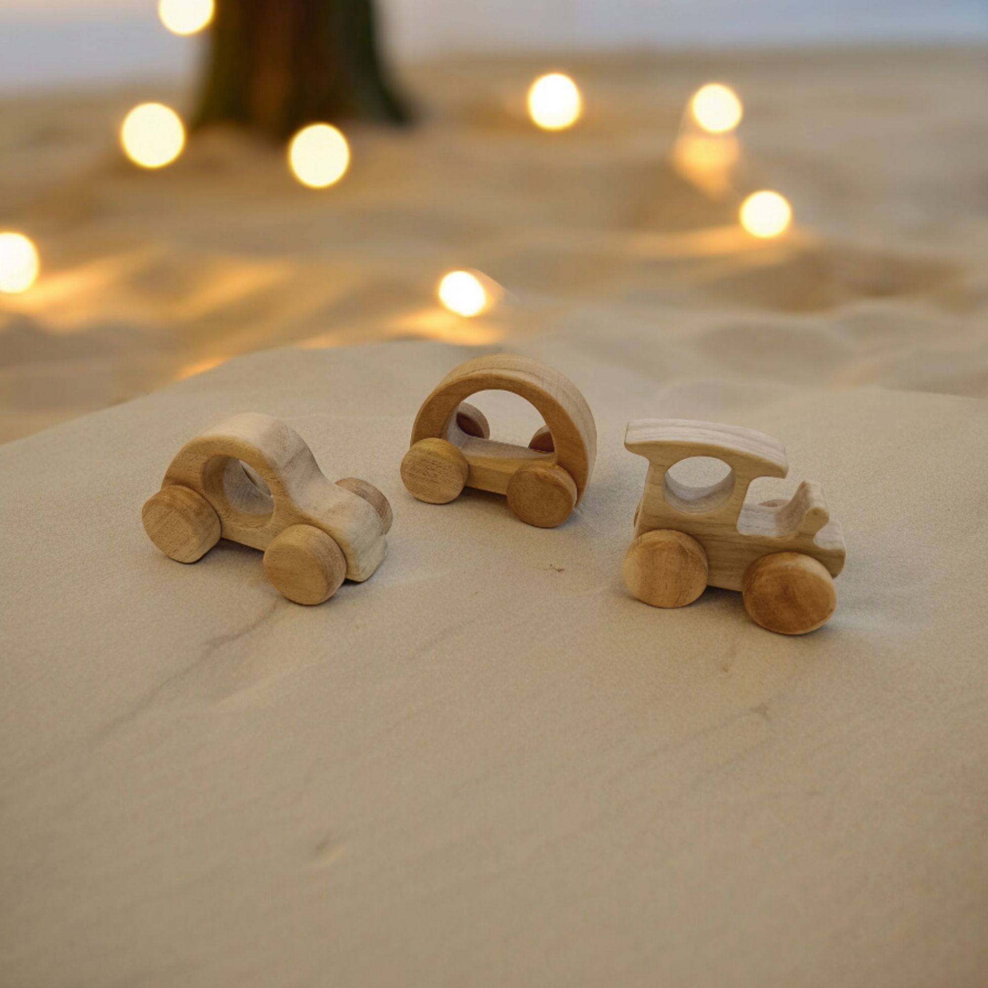 Joy on Wheels - Set of 3 Neem Wooden Push&Pull Toys- Train, Car & Hallow Car Shapes