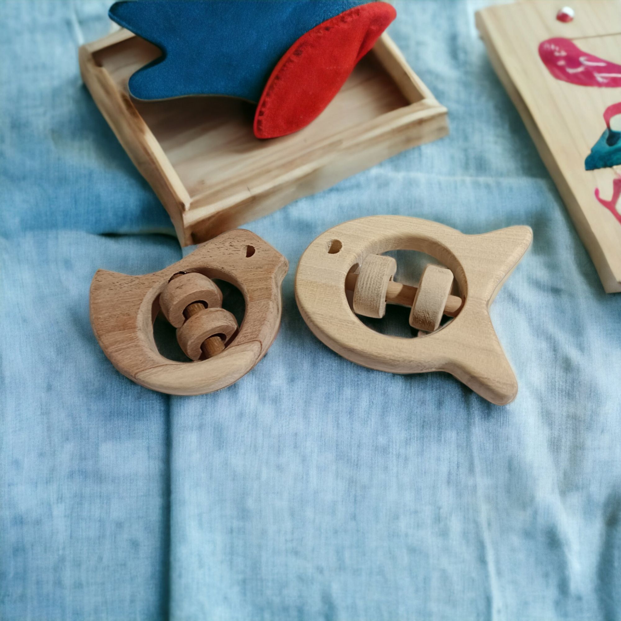 Zero-Chemical Natural Neem Wooden Rattles of Shapes -Dove & Fish