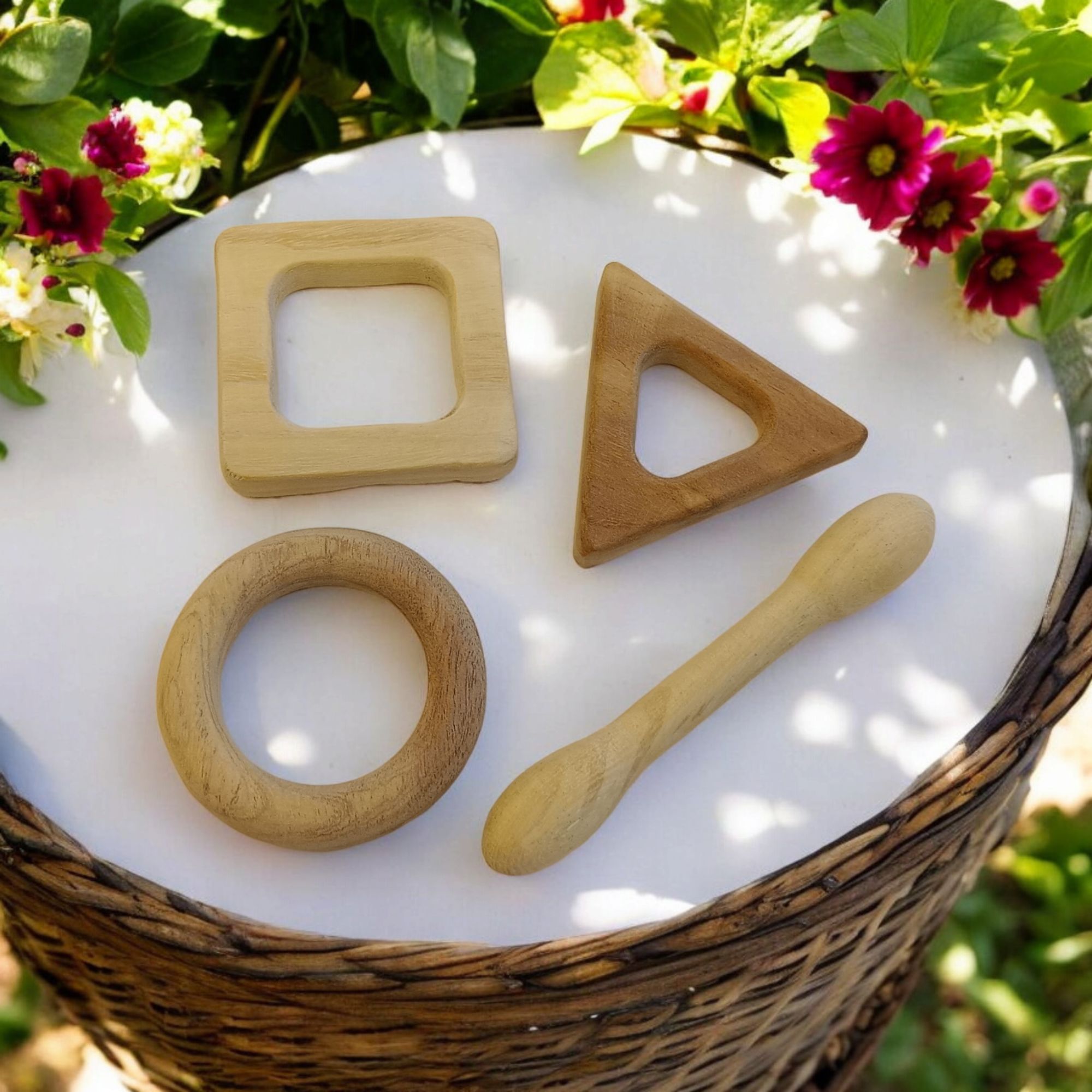 Pack of 2 Neem Wooden Teethers For Babies of Age 0 To 3 Years | Dumbbell, Ring, Square & Triangle