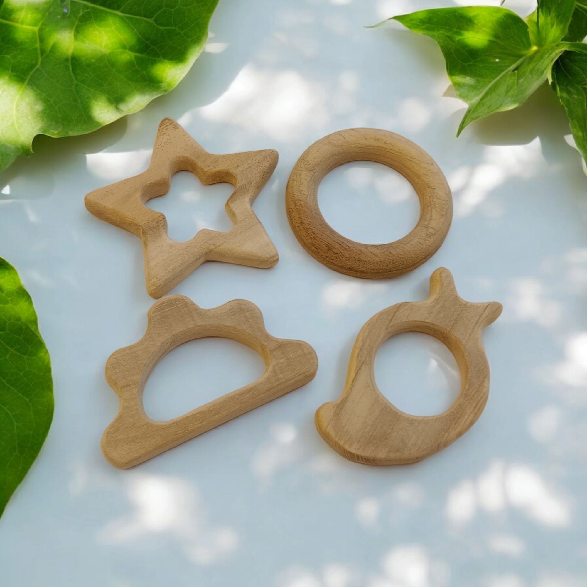 Gum Strengthening Neem Wooden Baby Teethers - Star, Cloud, Ring & Mango Shapes