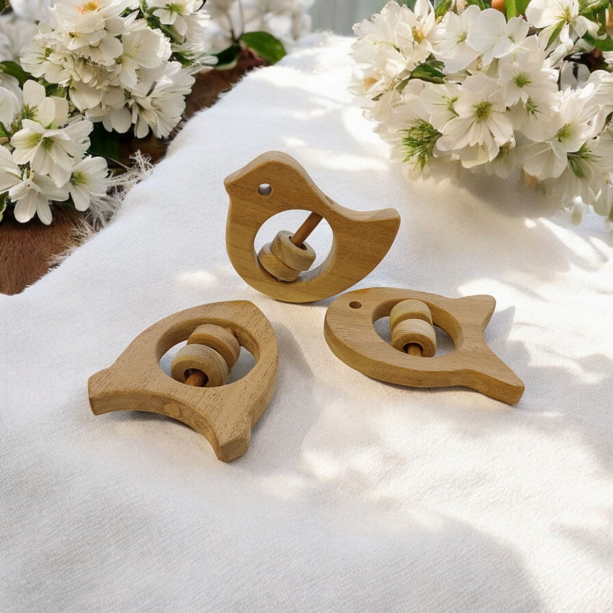 Beautiful Rattle Toys - Dove, Fish & Rocket Shapes - From Pure Neem Wood - Image 2