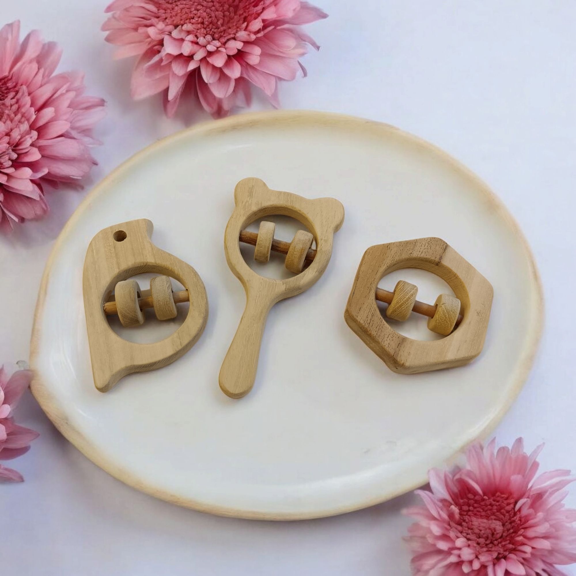 Sensory Developing Rattles - Sparrow, Mickey Head & Hexagon Shaped - Sourced From Best Quality Neem Wood