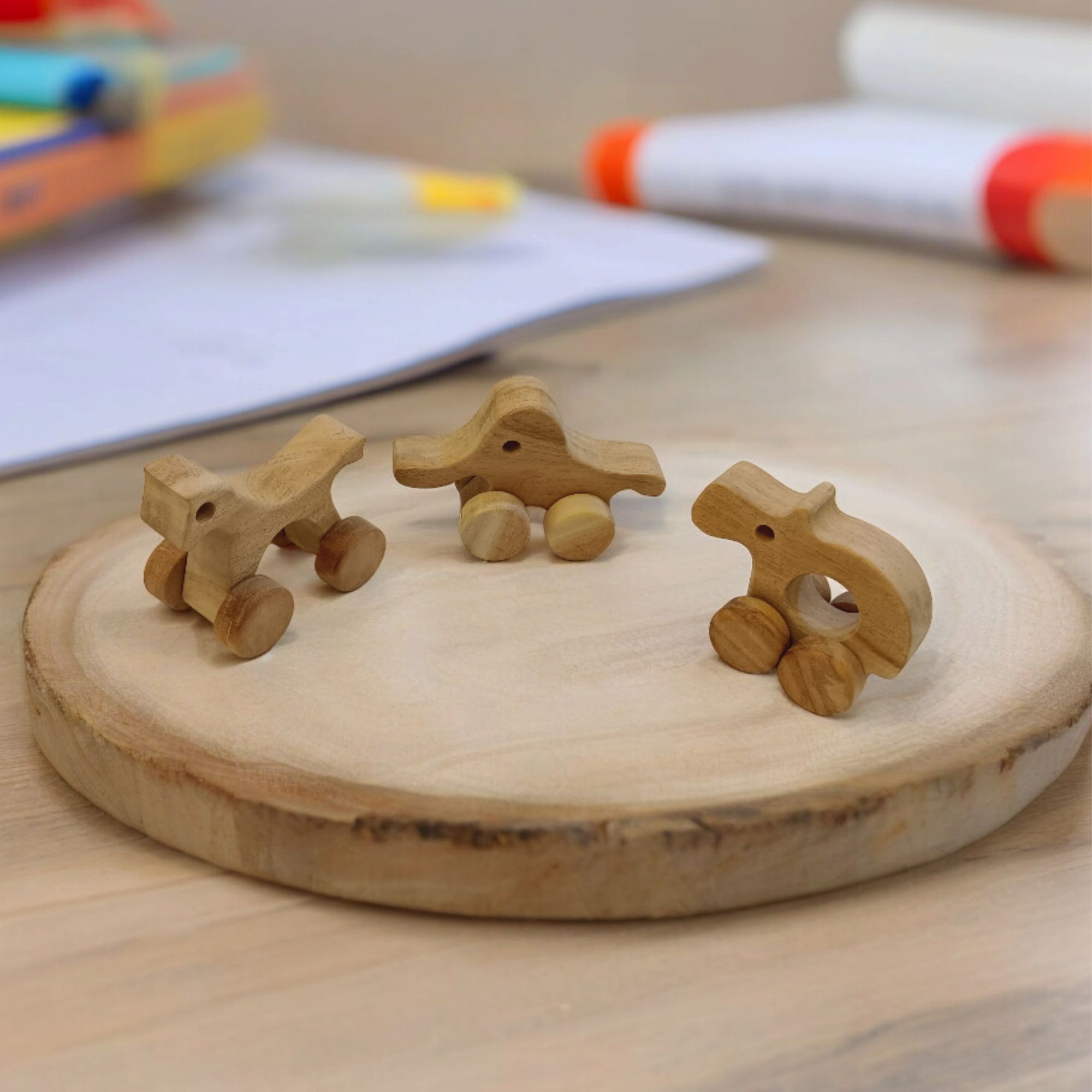 Set of 3 Jungle Animal Neem Wooden Wheel Toys- Horse, Hippo & Elephant