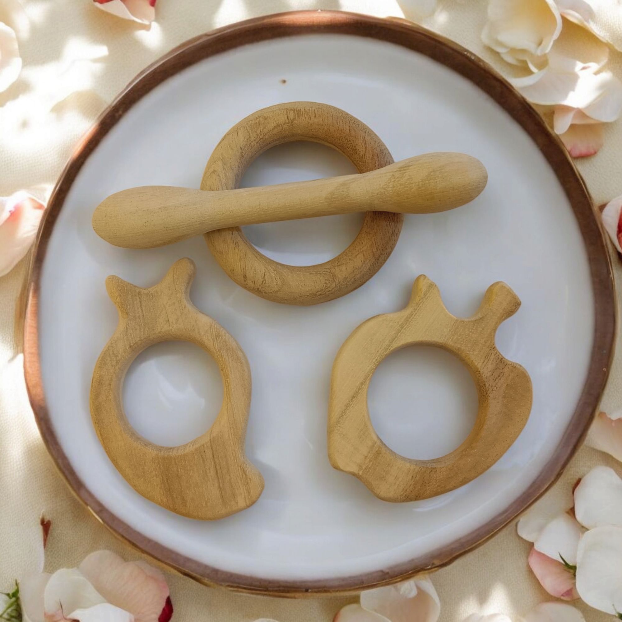 Baby Neem Wooden Teethers - Apple, Mango, Dumbbell & Ring - Image 2
