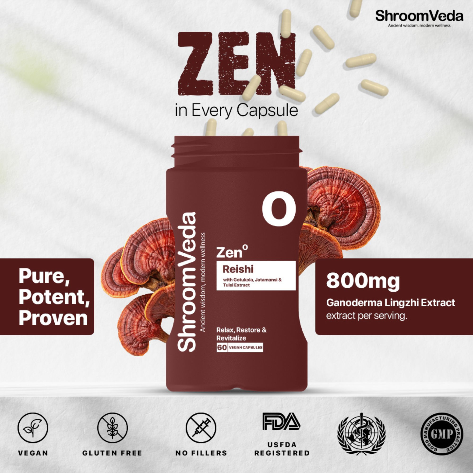 ShroomVeda ZEN Reishi Capsules| 800mg Reishi - Image 2