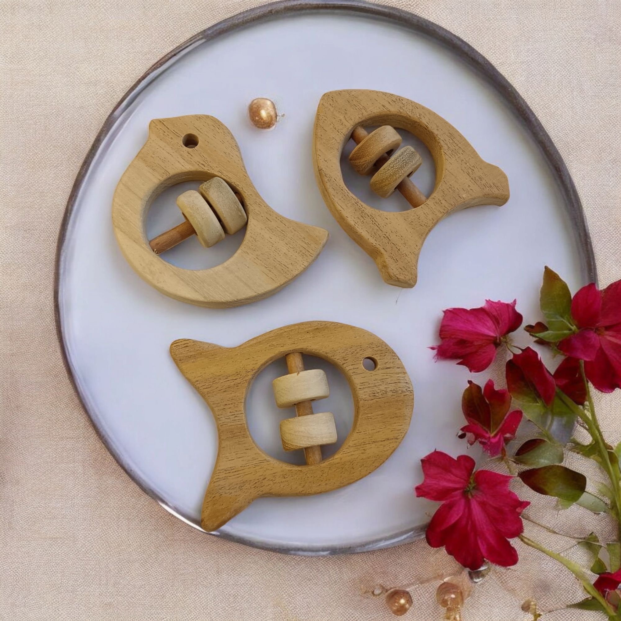 Beautiful Rattle Toys - Dove, Fish & Rocket Shapes - From Pure Neem Wood - Image 3