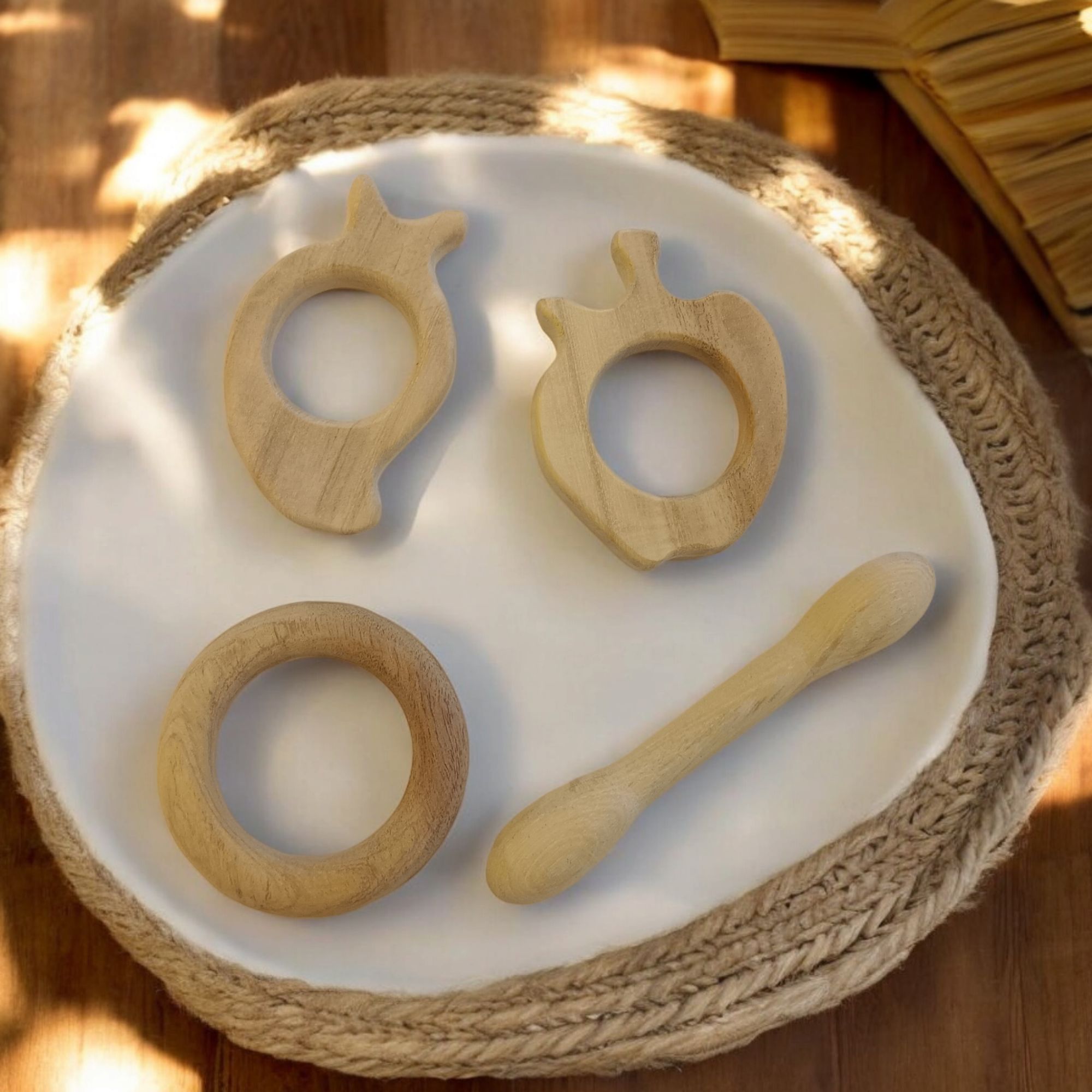 Baby Neem Wooden Teethers - Apple, Mango, Dumbbell & Ring - Image 5
