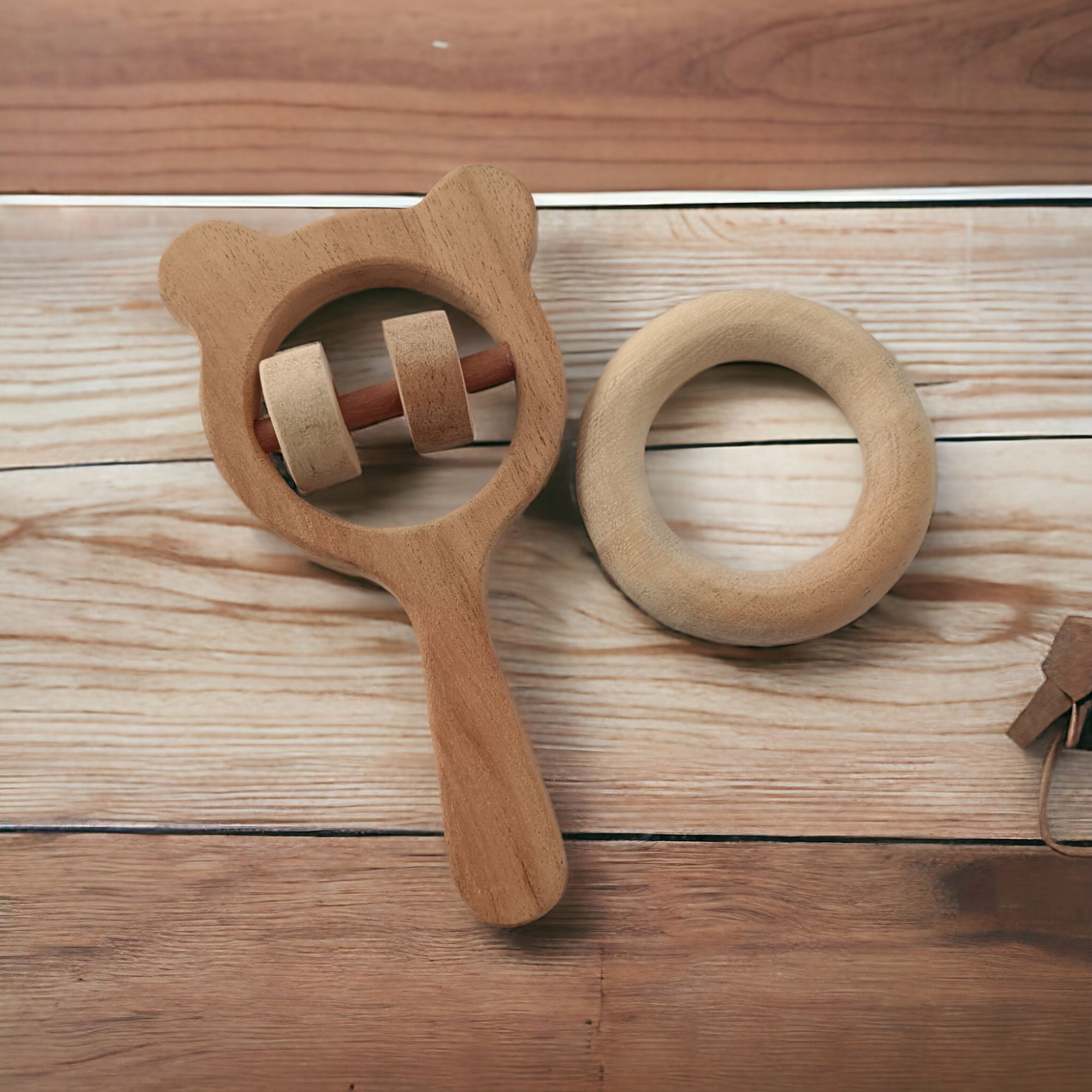 Neem Wooden Combo of Rattle & Teether- Mickey Head & Ring Shapes - Image 3