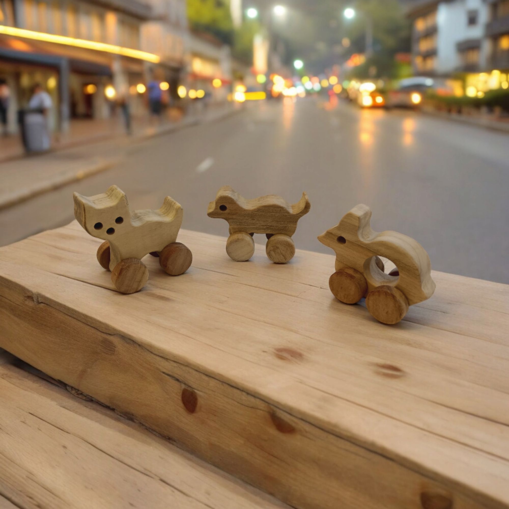 Set of 3 Cute Wheel Toys- Made From Neem- Dog, Cat & Rabbit Shapes for Toddlers