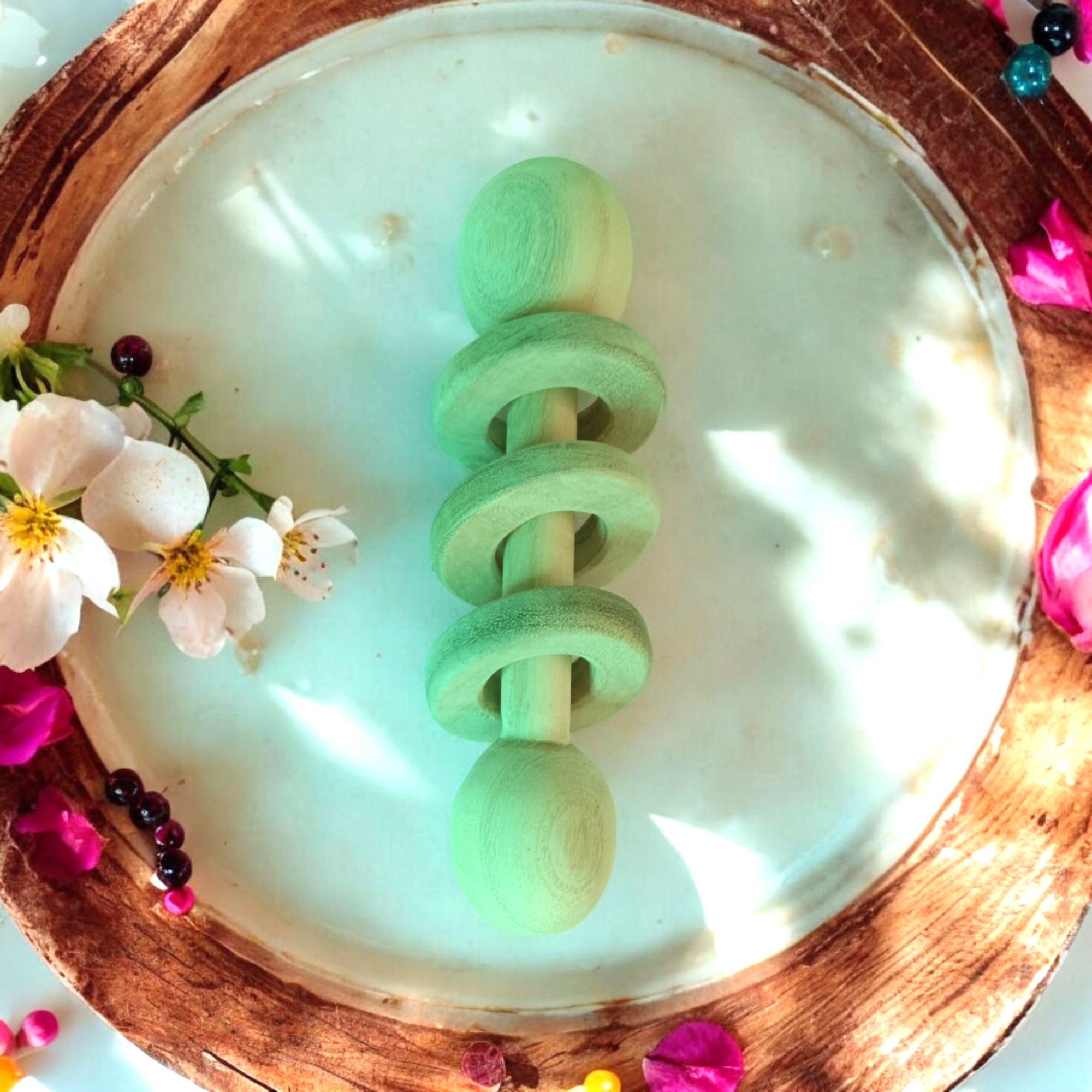 Neem Wooden Dumbel Rattle With Rings