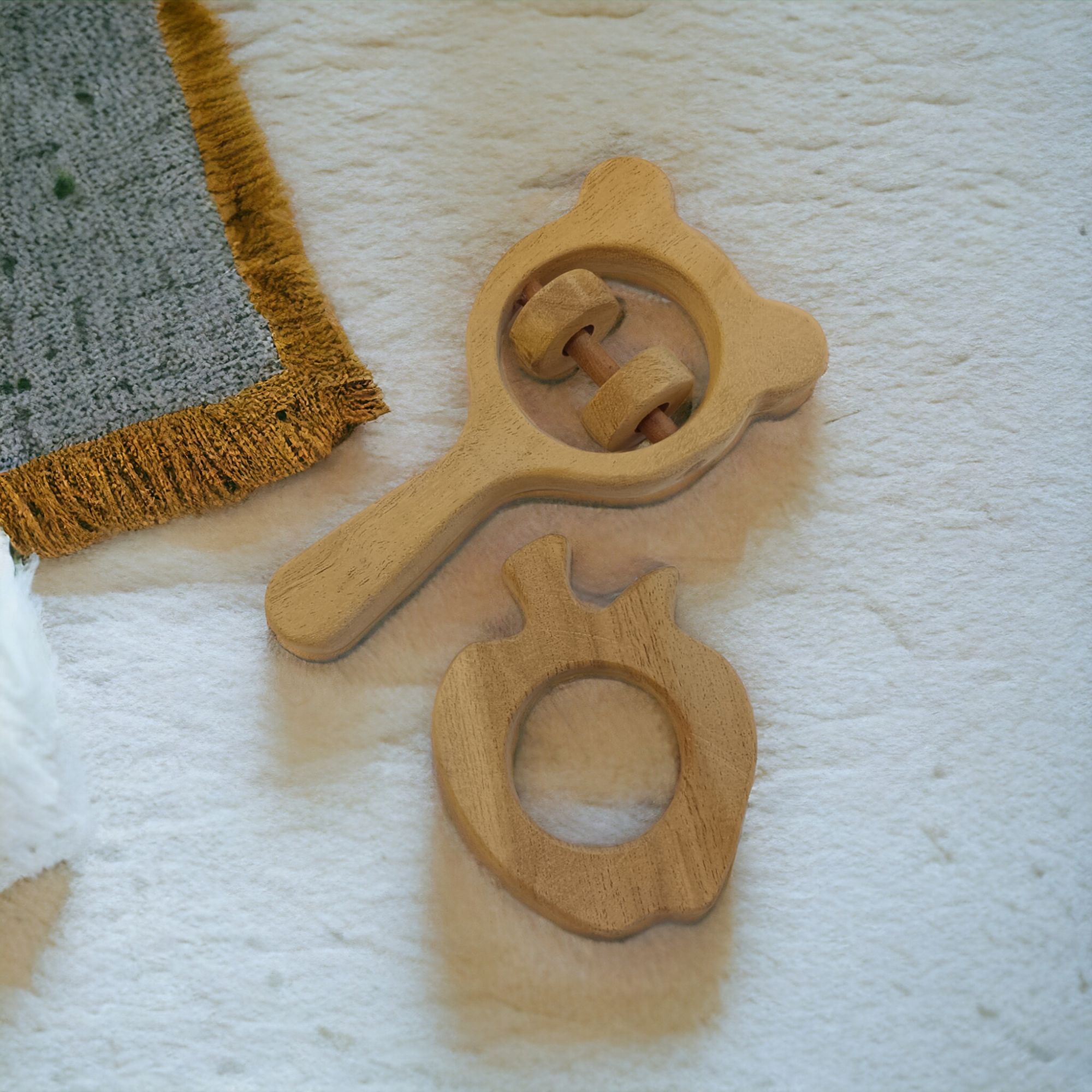 Beautiful Combo of Neem Wooden Rattle & Teether - Mickey Head Rattle & Apple Teether - Image 3