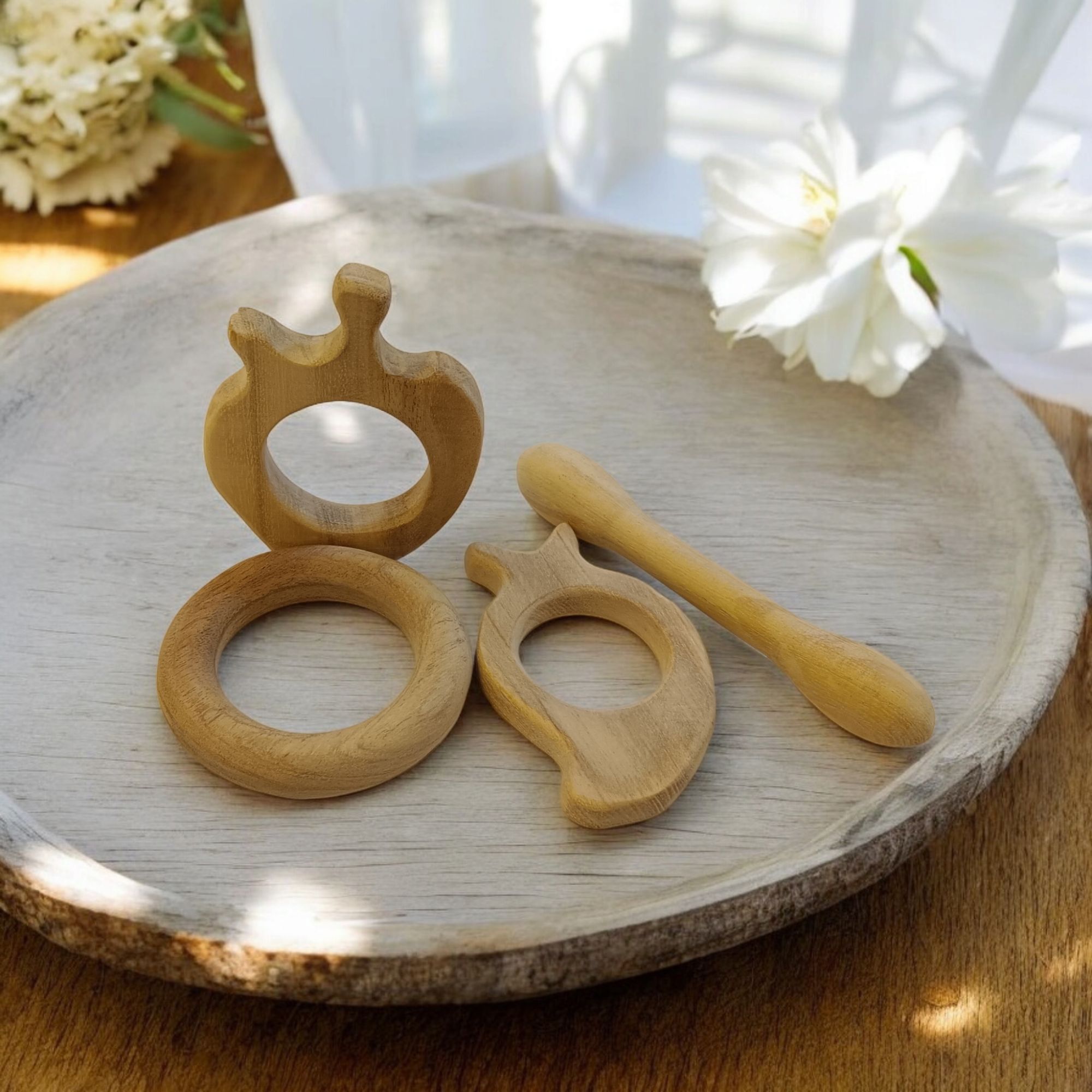 Baby Neem Wooden Teethers - Apple, Mango, Dumbbell & Ring - Image 3
