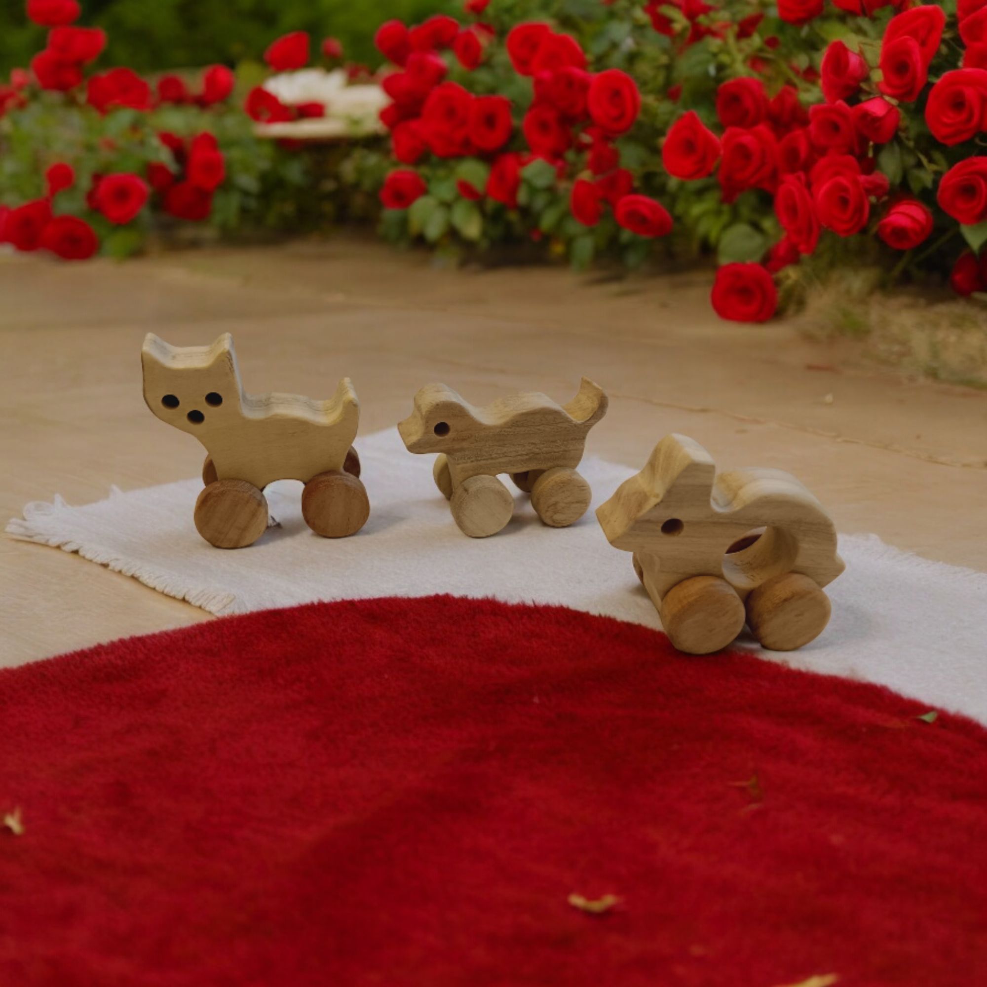 Set of 3 Cute Wheel Toys- Made From Neem- Dog, Cat & Rabbit Shapes for Toddlers - Image 2