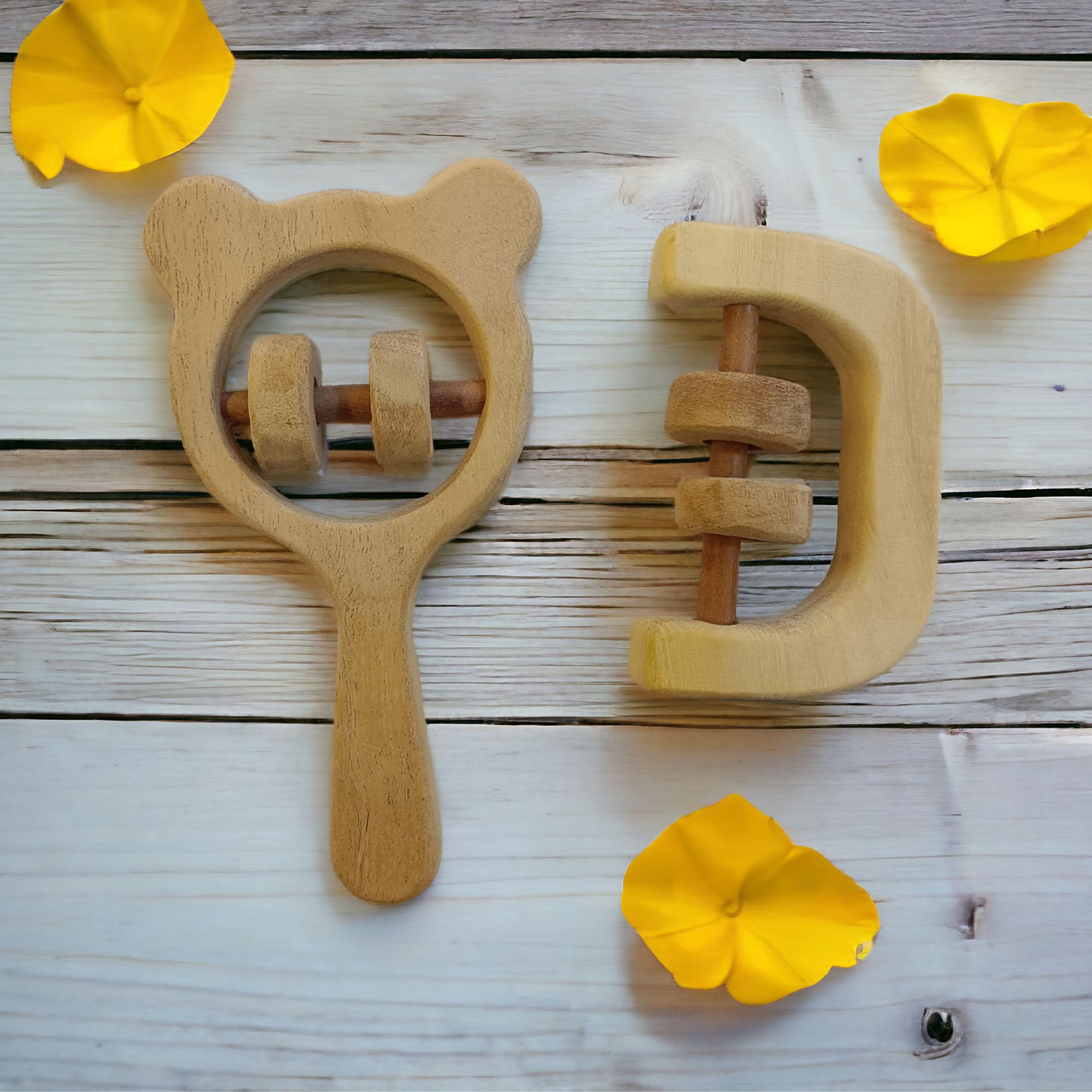 Soothing Sound Making Set of 2 Neem Wooden Rattles - Mickey Head & C Shape