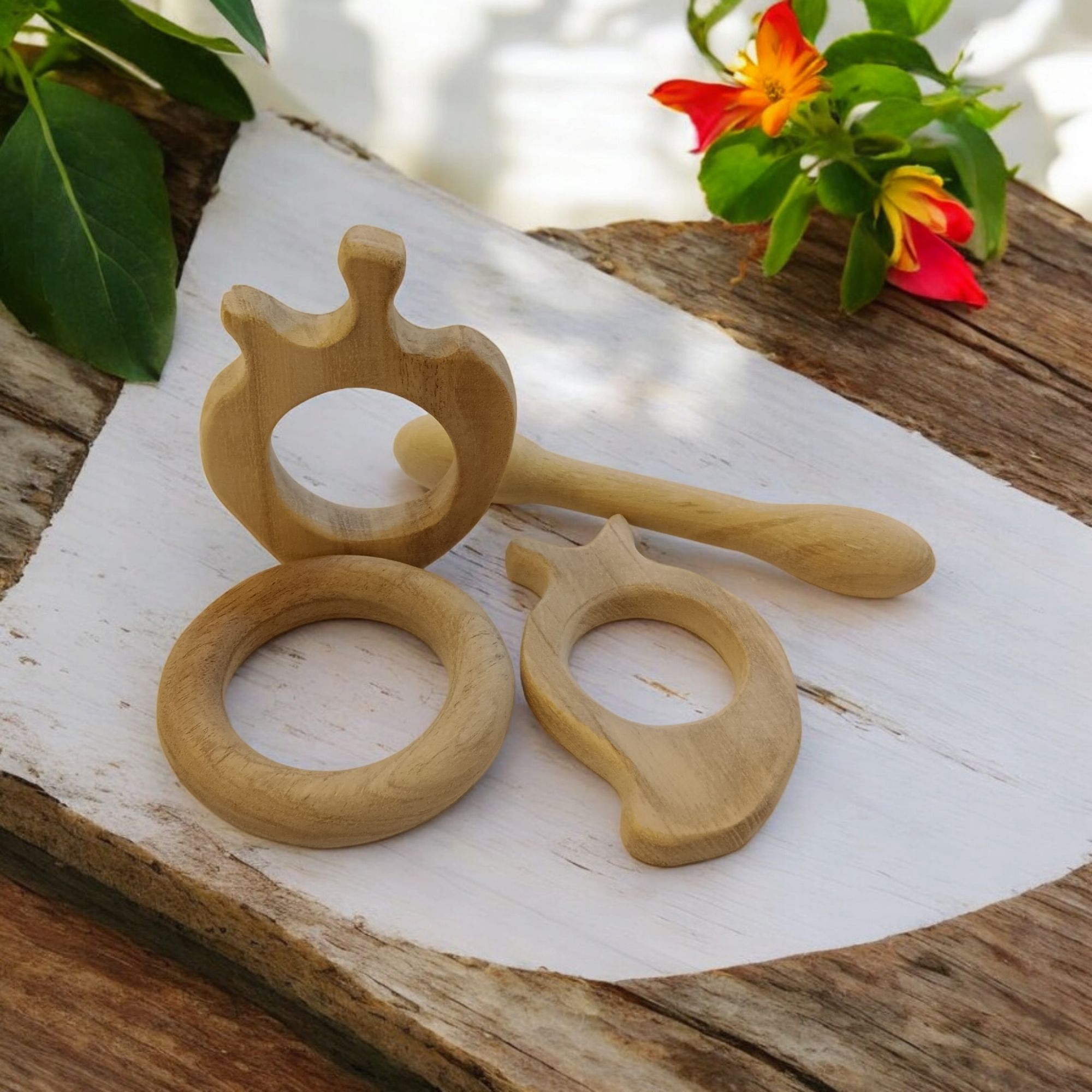 Baby Neem Wooden Teethers - Apple, Mango, Dumbbell & Ring - Image 4