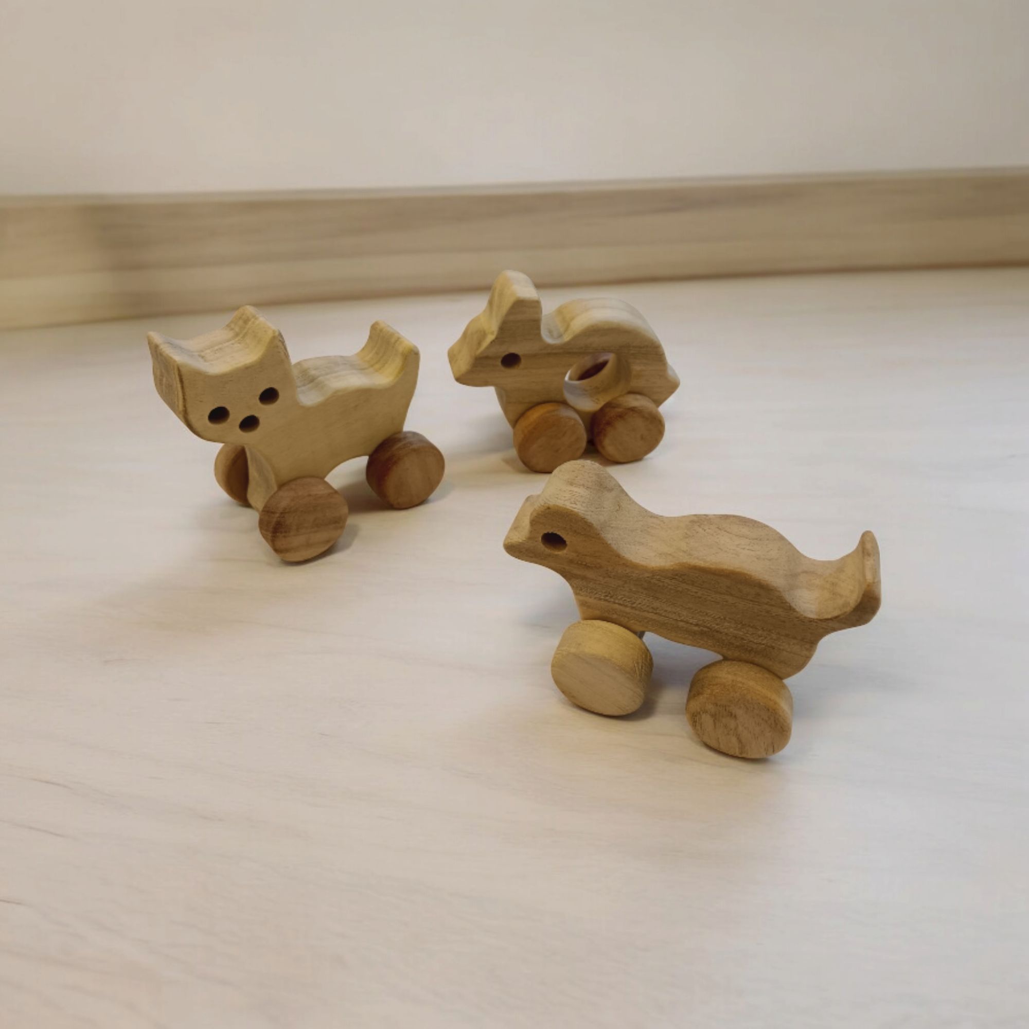 Set of 3 Cute Wheel Toys- Made From Neem- Dog, Cat & Rabbit Shapes for Toddlers - Image 3