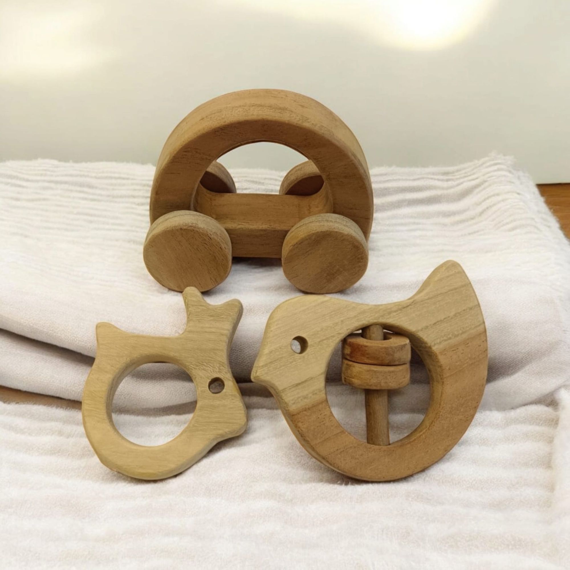 Perfect Blend of Pull Toy, Rattle & Teether - Hallow Car, Dove & Rabbit Shapes