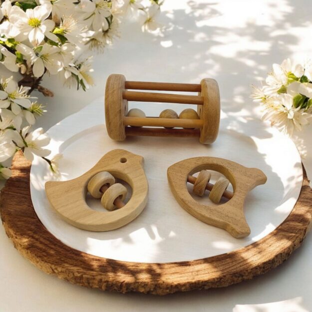 Neem Wooden Tumbler, Dove & Rocket Shaped Rattle