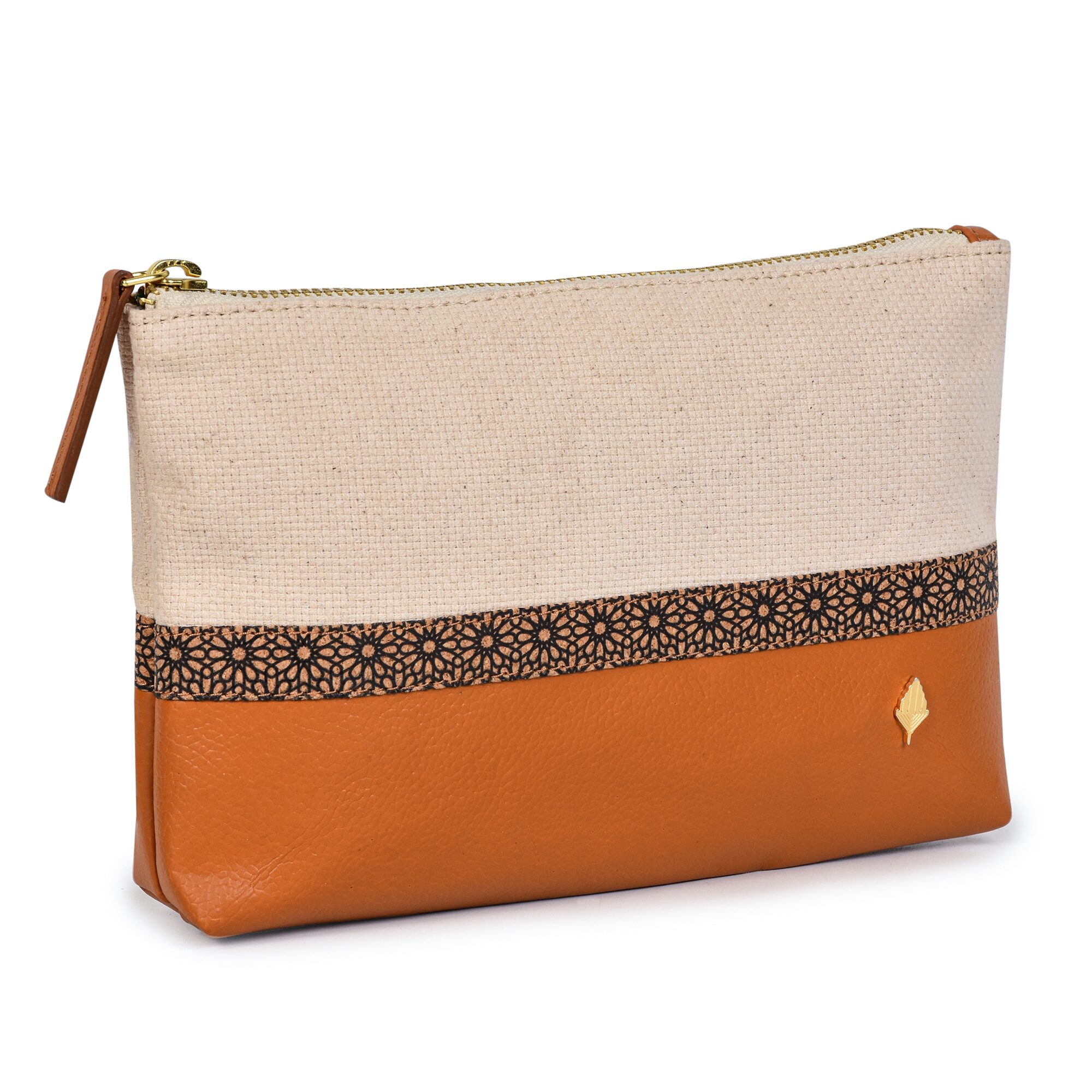 Green Hermitage Utility Kit | Vegan Leather & Cork Printing, Zip Closure (Off White & tan) - Image 2