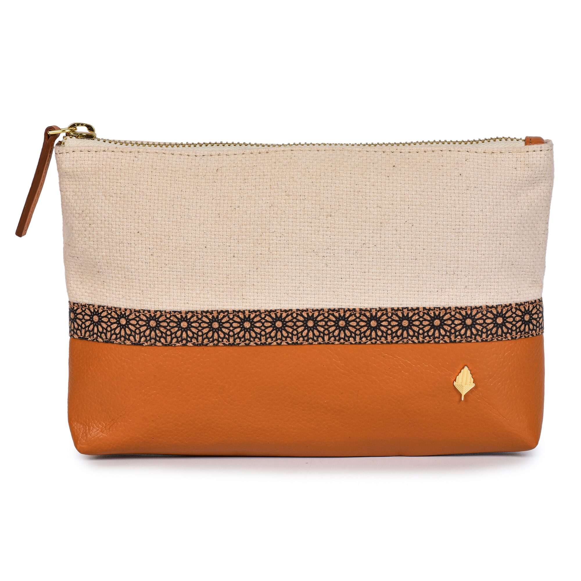 Green Hermitage Utility Kit | Vegan Leather & Cork Printing, Zip Closure (Off White & tan)