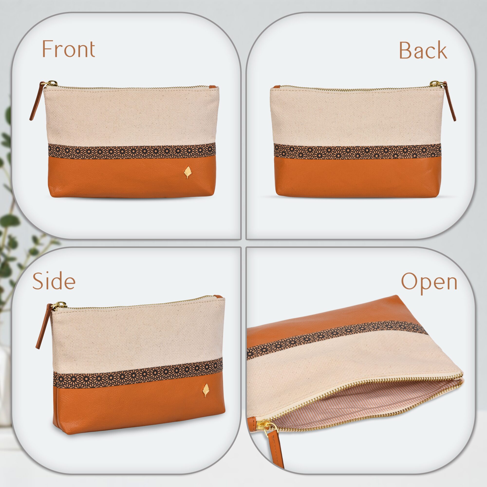 Green Hermitage Utility Kit | Vegan Leather & Cork Printing, Zip Closure (Off White & tan) - Image 3