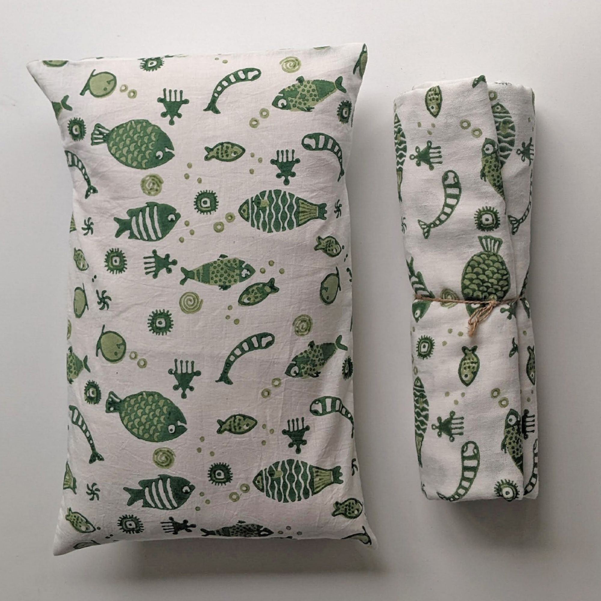 WHITEWATER KIDS GIFT SET - ORGANIC FISH PRINT KAPOK PILLOW + SWADDLE