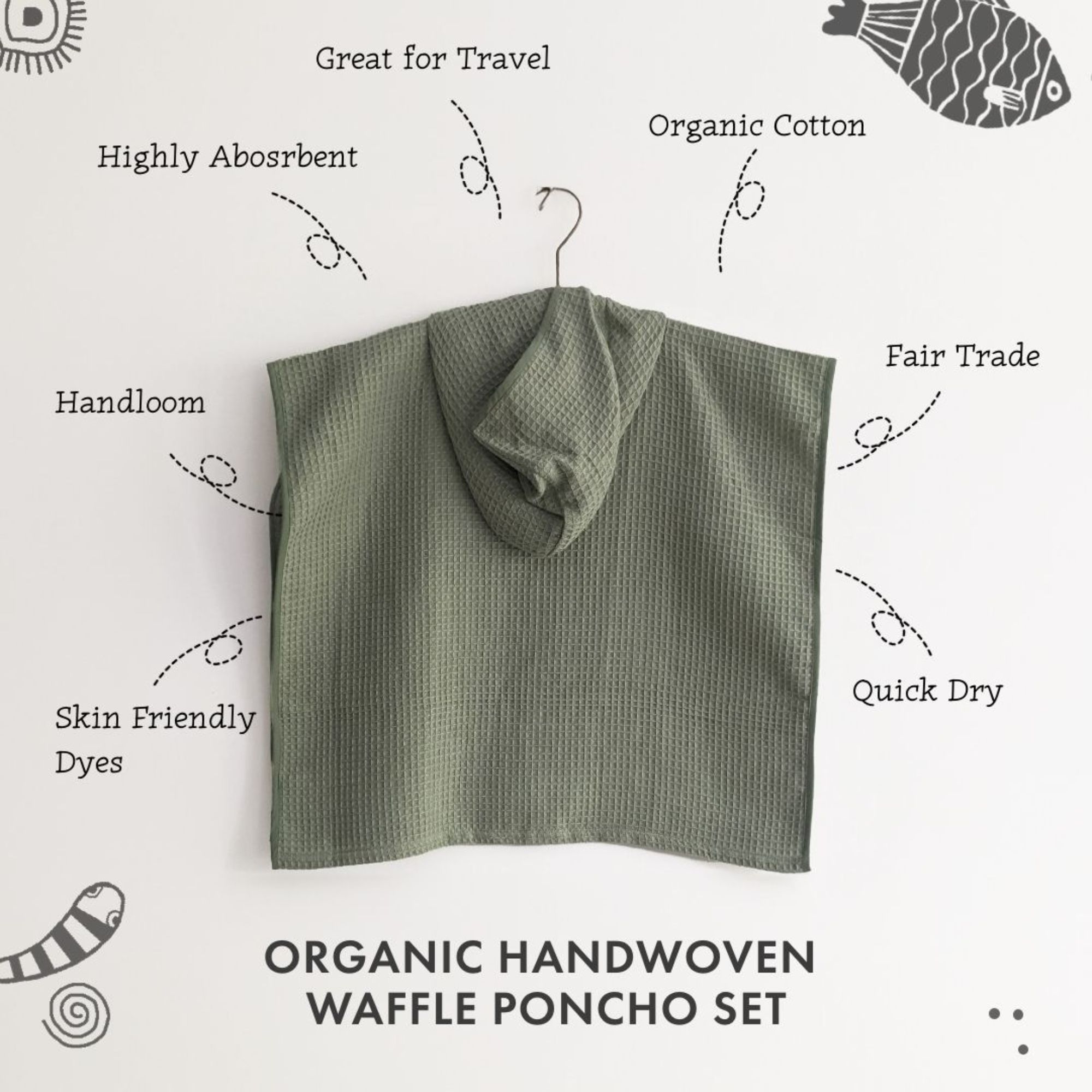 WHITEWATER KIDS ORGANIC WAFFLE HOODED PONCHO TOWEL SET - MINT - Image 3