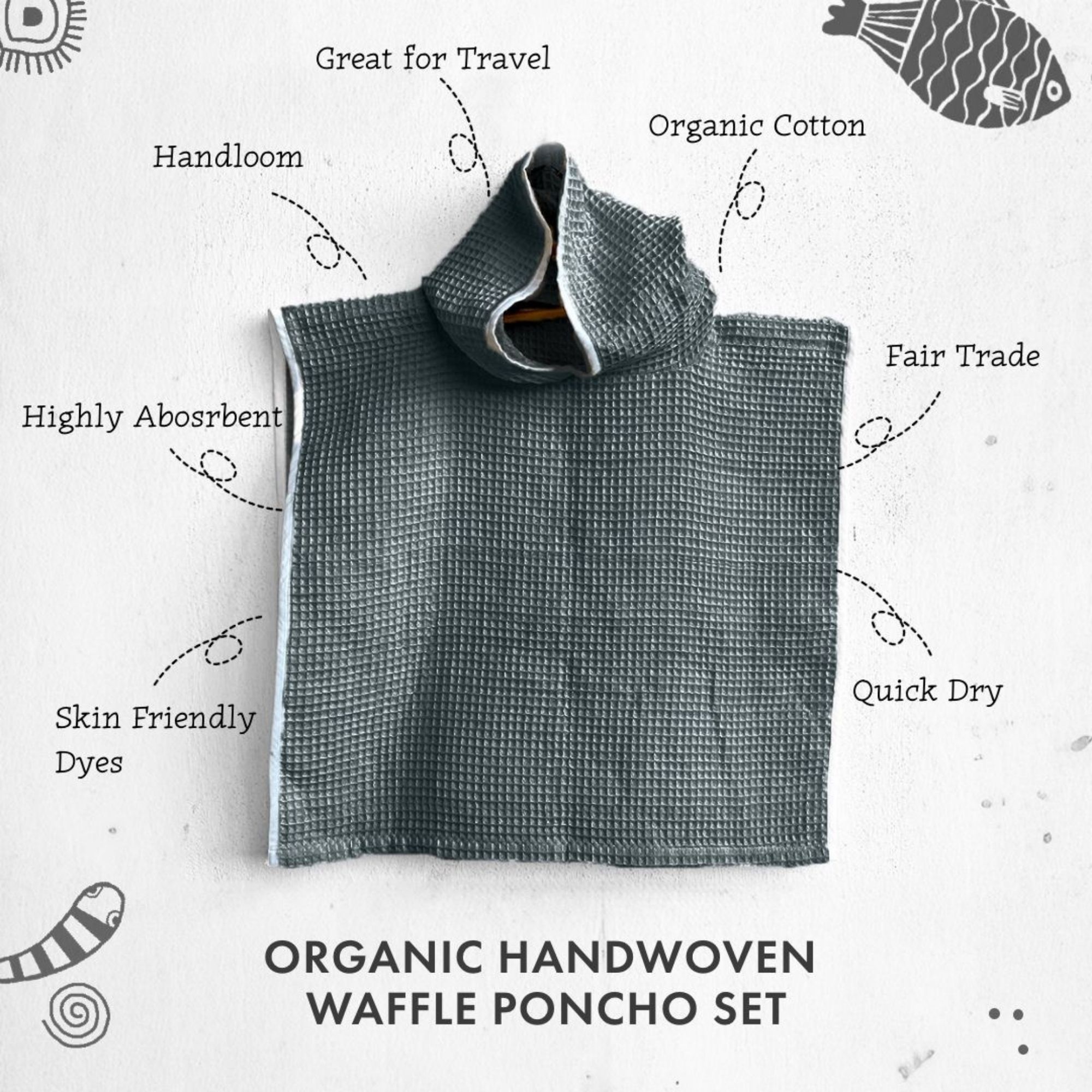 WHITEWATER KIDS ORGANIC WAFFLE HOODED PONCHO TOWEL SET - GREY - Image 4